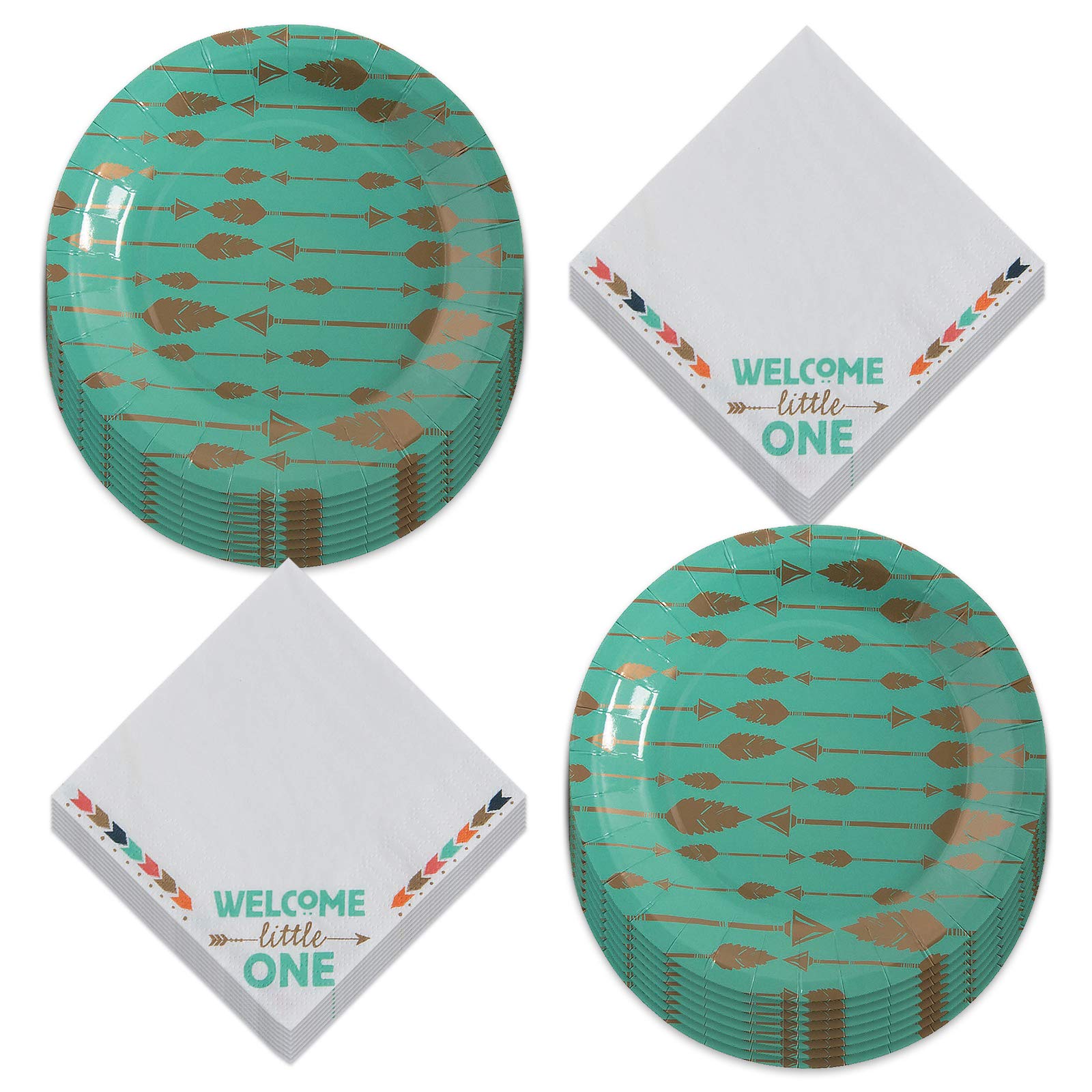Boho Tribal Party Supplies - 16-Pack Rustic Teal Paper Dessert Plates & Arrow Print Beverage Napkins for Wedding, Baby Shower & Birthday Party Decorations