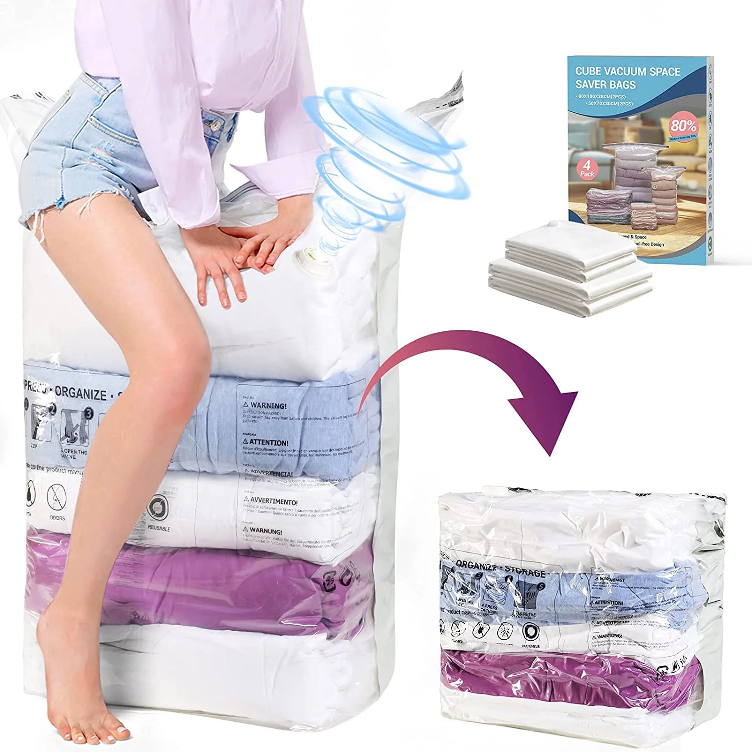 Elegear Cube Vacuum Storage Bags 4 Pack (2 Jumbo + 2 Medium) - Extra Large Space Saver Bags for Clothes, Pillows, Comforters & Blankets | Heavy Duty Compression Storage Bags for Travel, Moving & Seasonal Organization