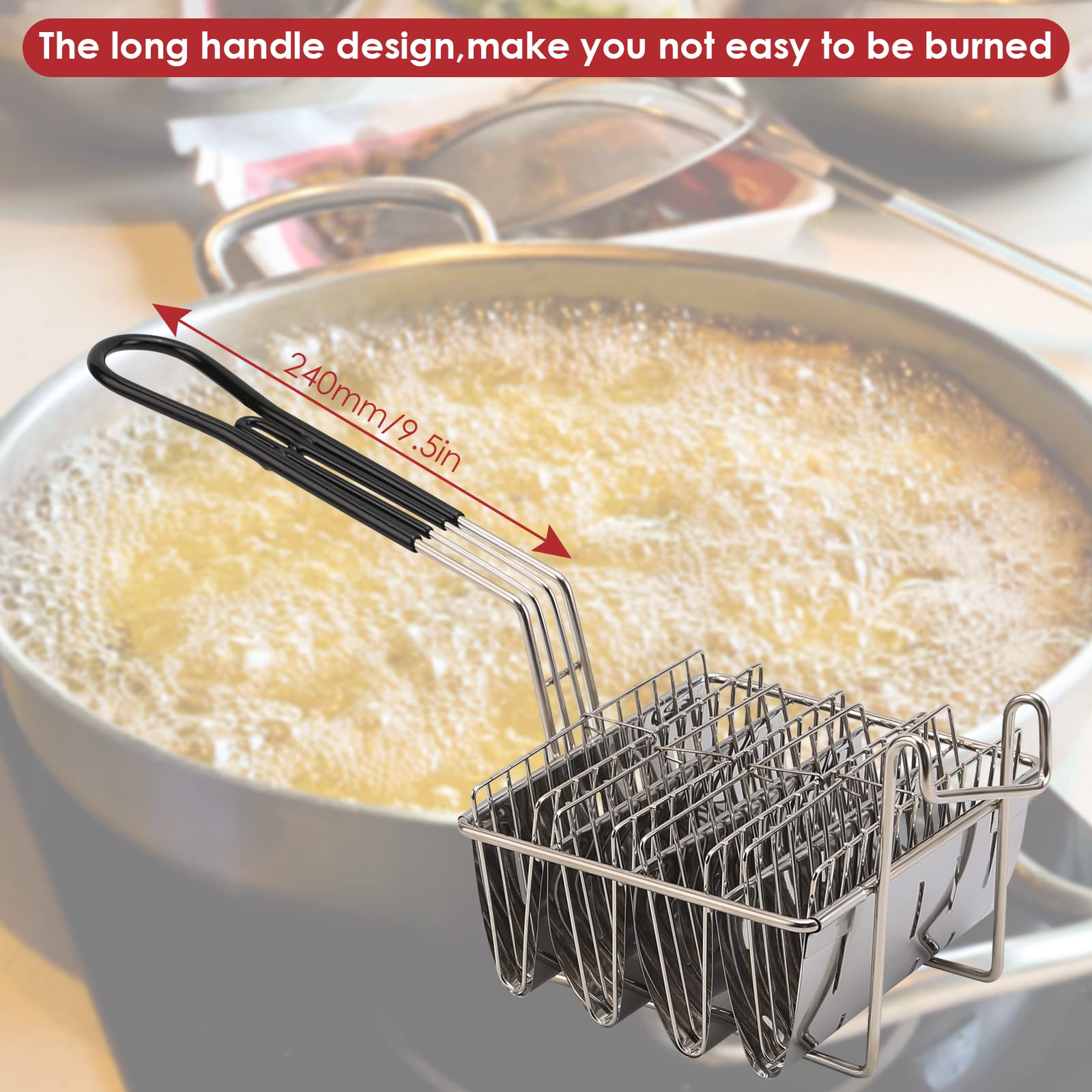 Stainless Steel Taco Fry Basket with Non-Slip Grip Handle - Holds 4 Shells for Deep Frying - Perfect for Taco Tuesday, Mexican Food Night & Restaurant-Style Cooking at Home