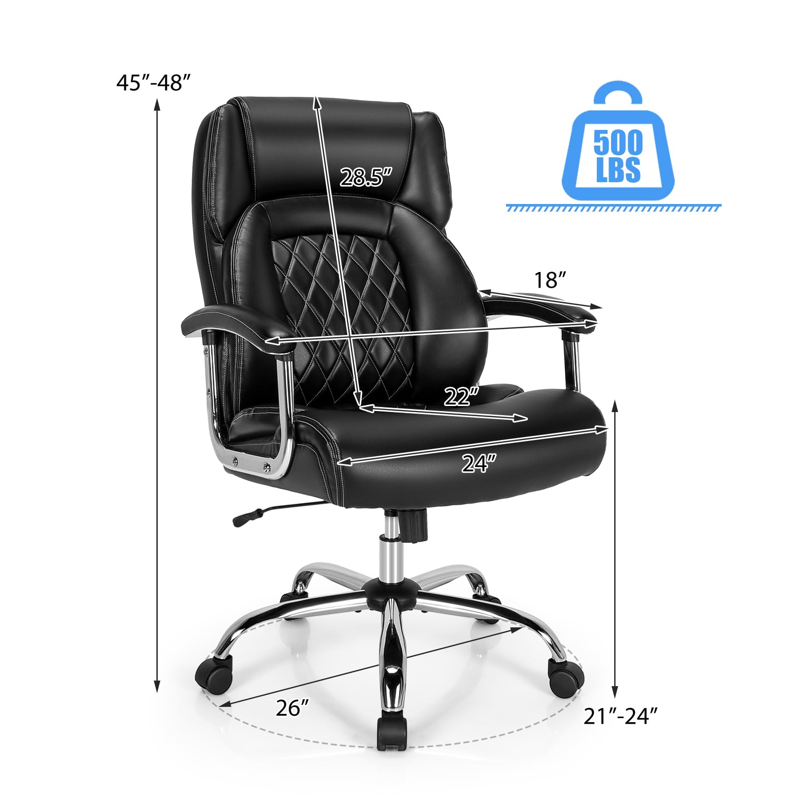 Giantex 500LBS Heavy Duty Big and Tall Office Chair - Wide Seat Executive Leather Chair with Adjustable Height, Swivel & Rocking Backrest - Ergonomic Computer Desk Chair for Large Adults - Perfect for Home Office, Gaming & Workspaces (Black)