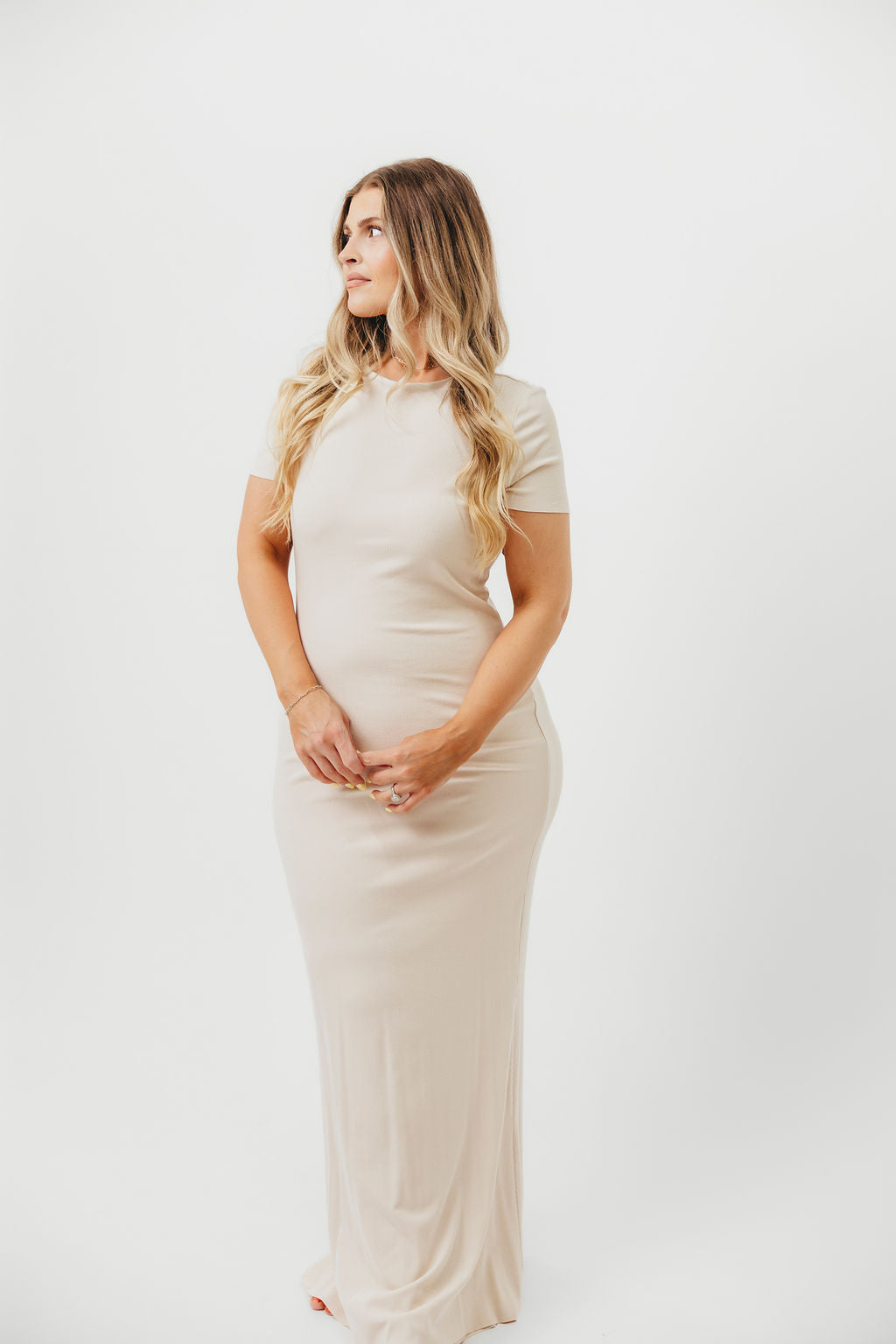 Charlie Ribbed Maxi Dress in Light Peach - Bump Friendly Maternity Dress for Women | Perfect for Pregnancy, Nursing, and Special Occasions