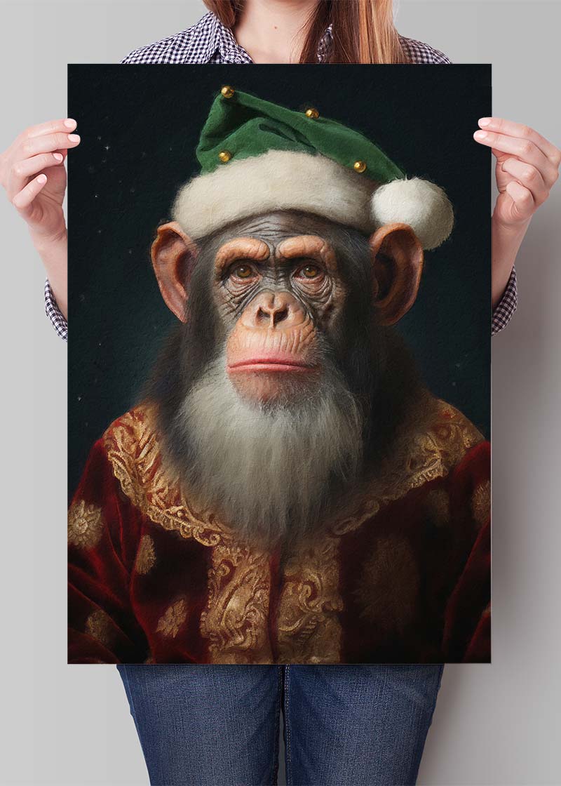 Christmas Chimp Animal Portrait Print - Festive Holiday Wall Art Decor for Living Room, Nursery & Office