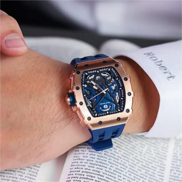 TSAR BOMBA Luxury Men's Watch - 50M Waterproof Tonneau Chronograph with Silicone Band & Mechanical Movement - Perfect for Business, Casual Wear & Gifts for Him