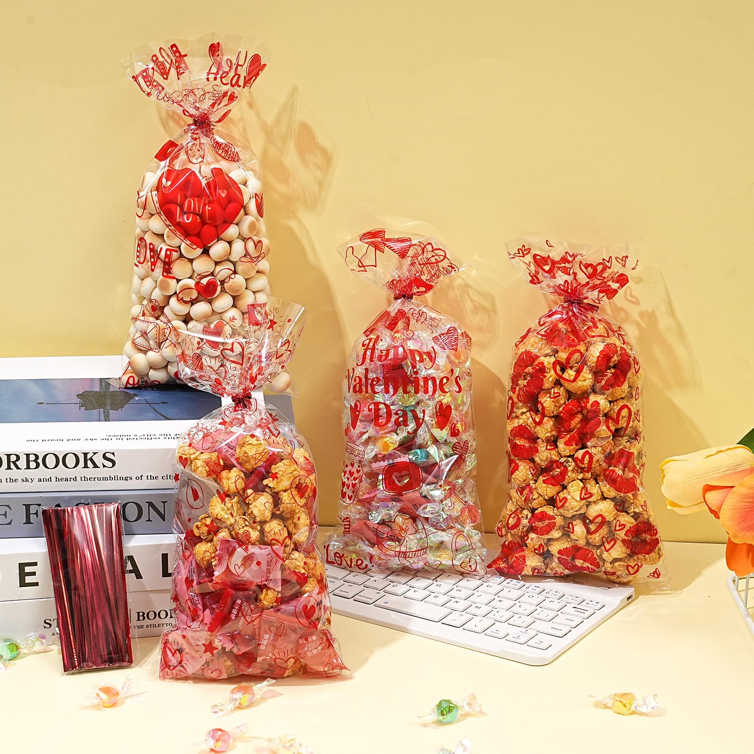 ONFAON Valentine's Day Goodie Bags - 180pcs Candy Treat Bags with 200pcs Twist Ties for Snacks, Cookies & Candy Packaging | Perfect for Classroom Parties, Kids & Coworkers | Great for Valentine's Gifts, School Events & Office Celebrations