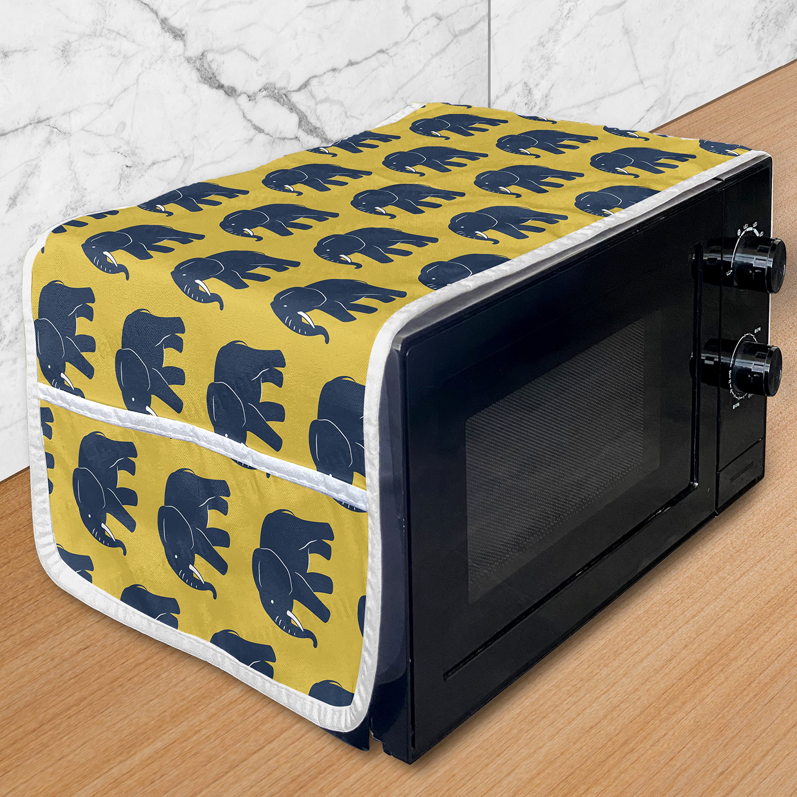 Ambesonne African Style Microwave Cover - Blue Animal Print with Snouts & Horns, Waterproof Kitchen Organizer with Pockets, 36x12 Inches, Dark Blue & Earth Yellow - Perfect for African-Themed Kitchens & Home Decor