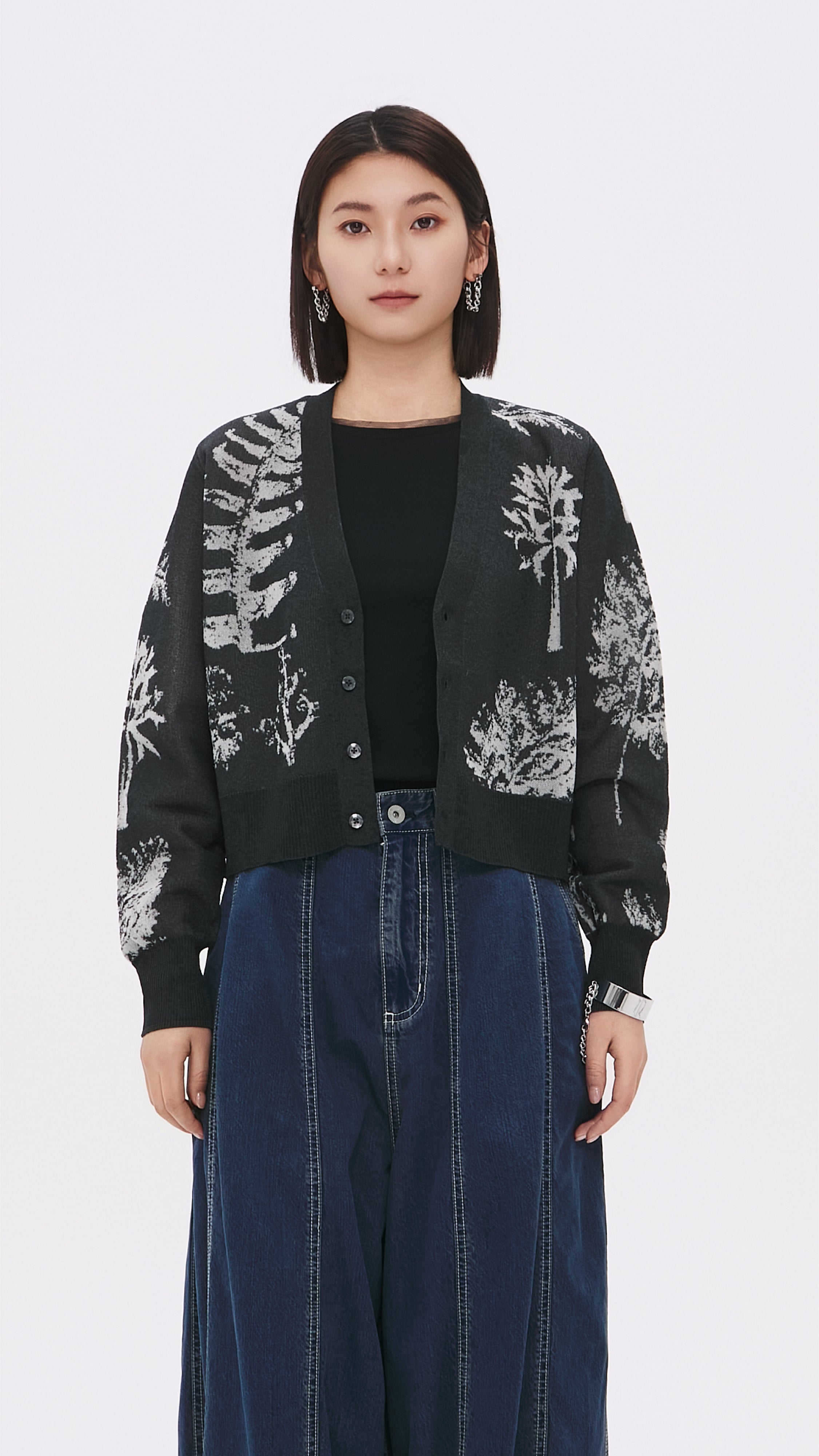 Stylish Knitted Sheer Plants Graphic Cardigan - Lightweight Open Front Cover-Up for Women | Perfect for Spring Layering, Beach Cover-Ups & Casual Outfits