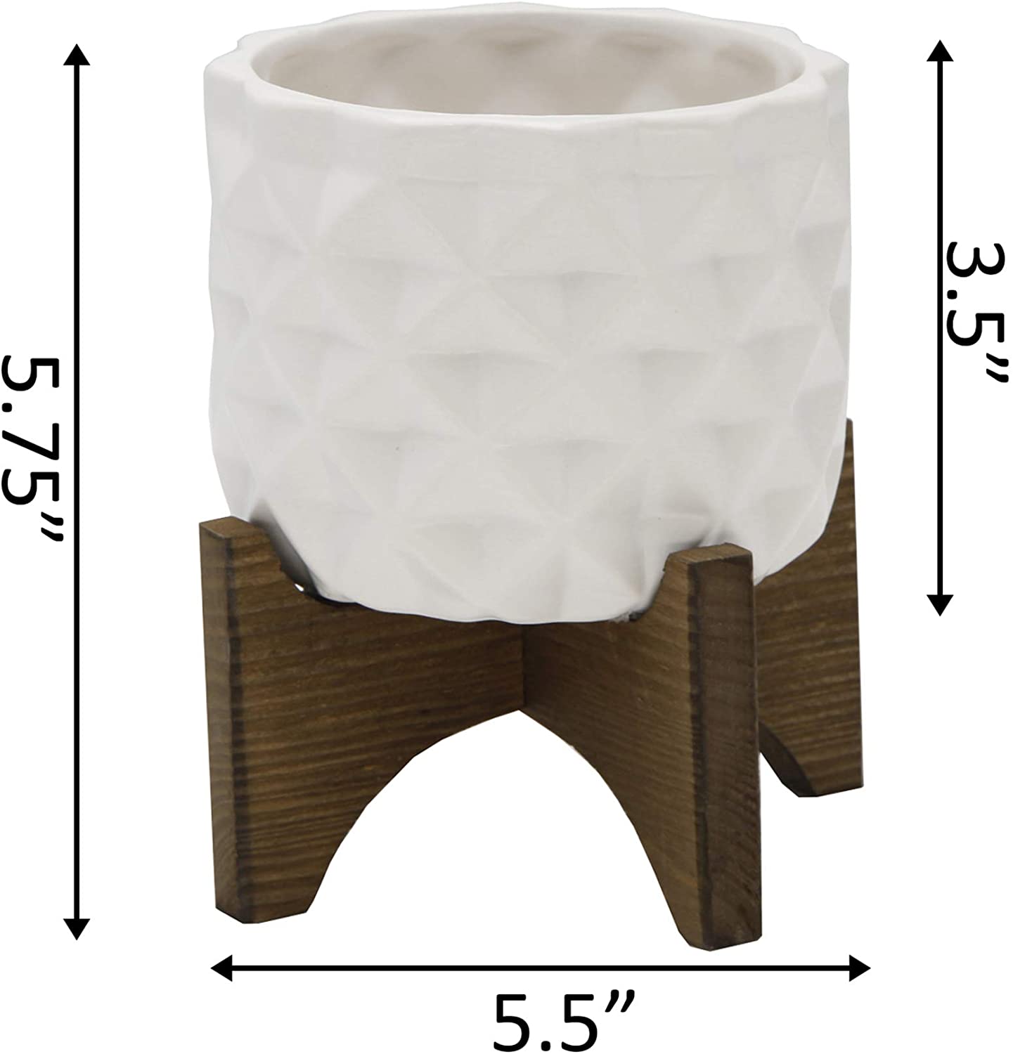 Mid Century Ceramic Vase with DIMPLE Pattern - 5 Inch Matte White Floral Vase on Wooden Stand | Perfect for Home Decor, Wedding Centerpieces & Boho Chic Interior Design