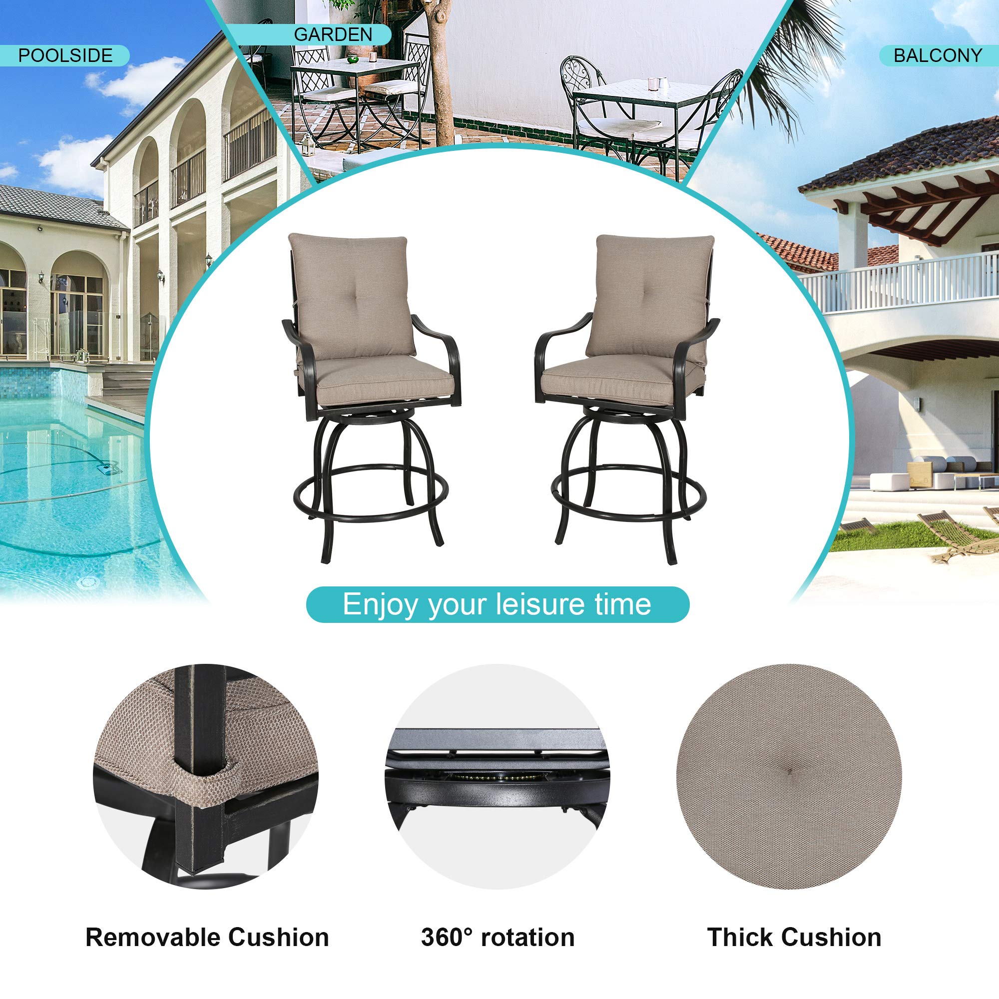 **Outdoor Counter Height Bar Stools Set of 2 - Swivel Patio Bar Chairs with Waterproof Polyester Cushions - Perfect for Backyard, Deck, and Poolside Dining**