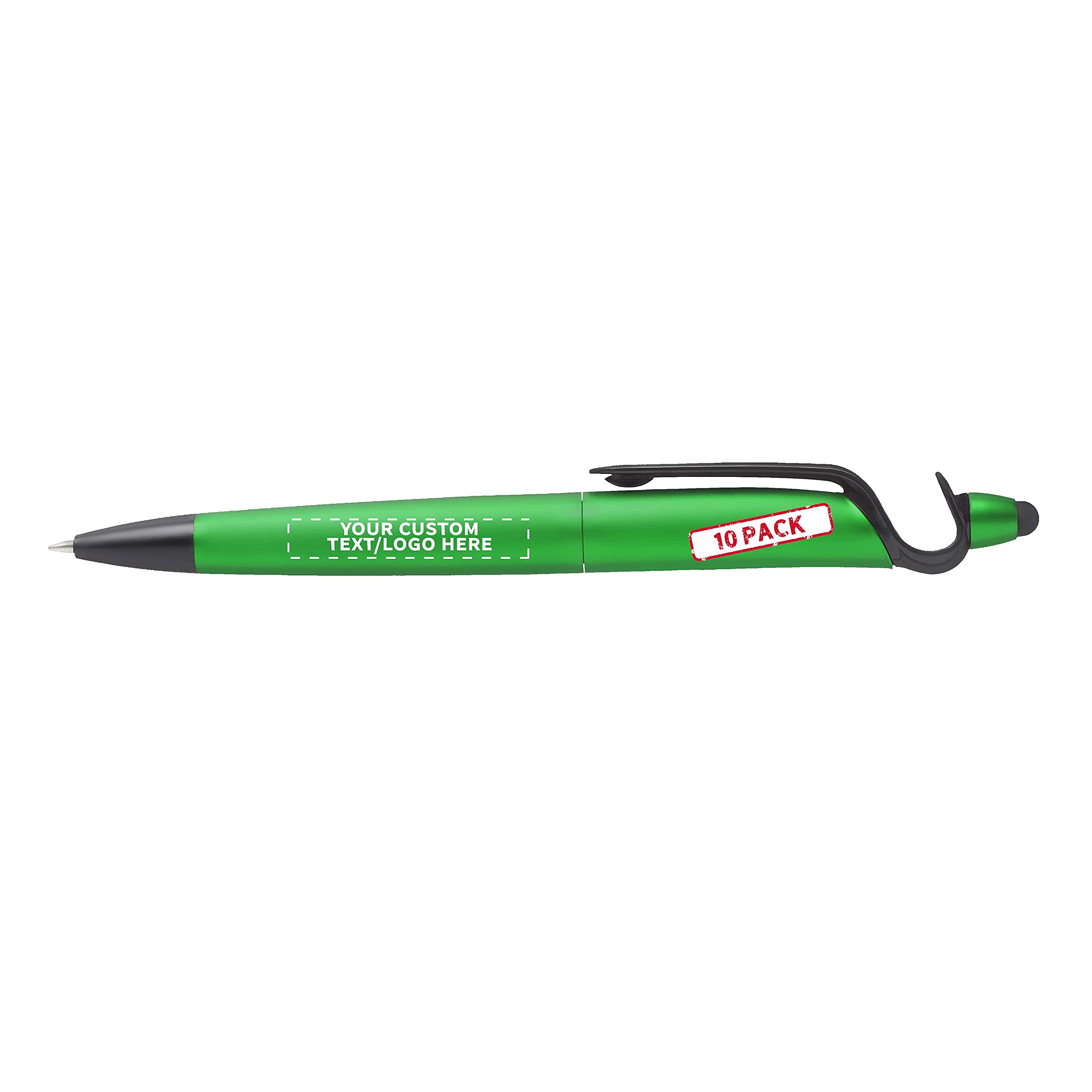10-Pack 3-in-1 Multi-Function Plastic Pens with Stylus Tip & Phone Stand - Custom Text/Logo Printing - Ballpoint Black Ink (Green) - Perfect for Office, School & Business Promotions