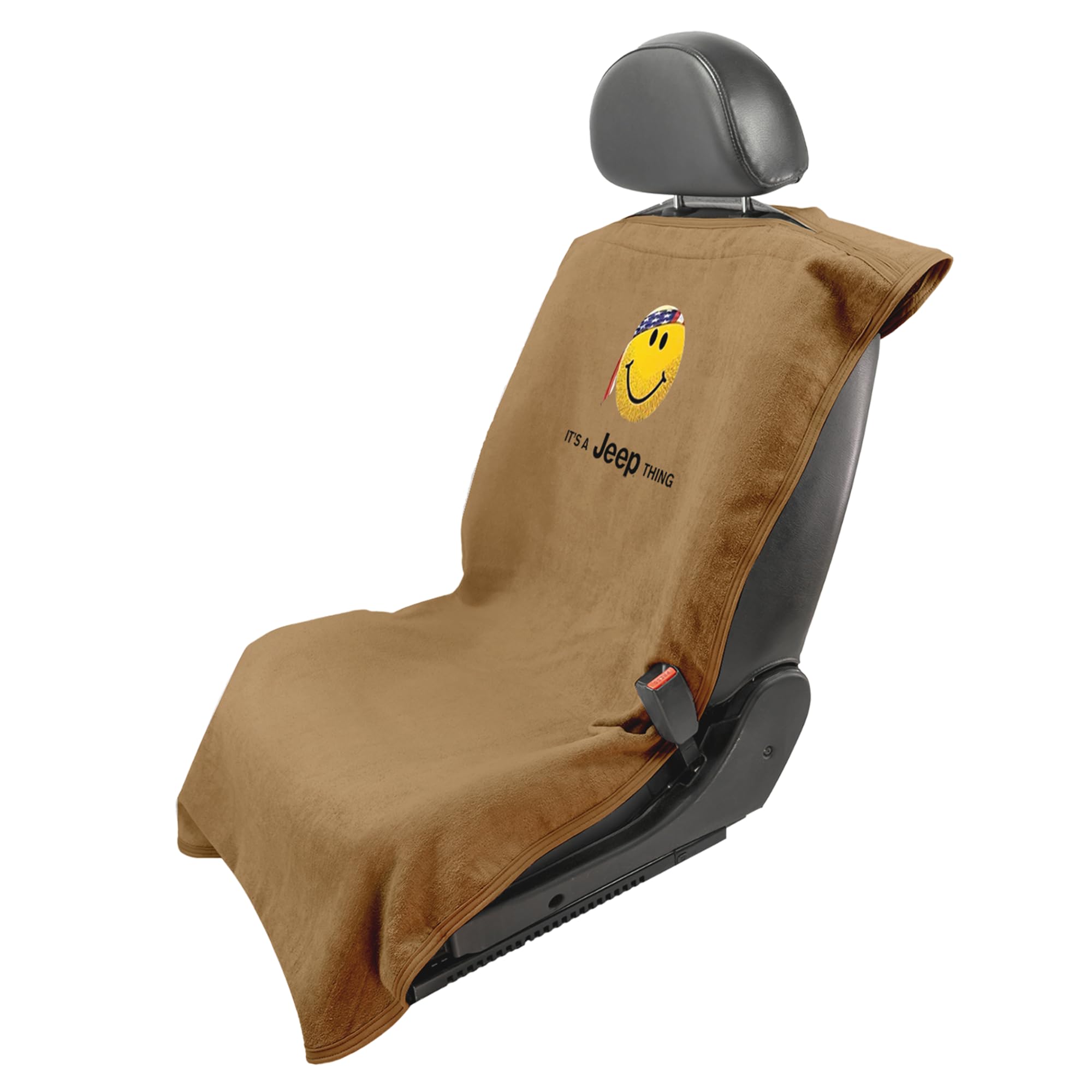 Jeep Smiley Face Seat Protector Towel - Soft Machine Washable Car Seat Cover - Easy to Install Multipurpose Seat Towel for Jeep Wrangler & SUVs - Tan - Perfect for Off-Roading, Camping & Daily Commute