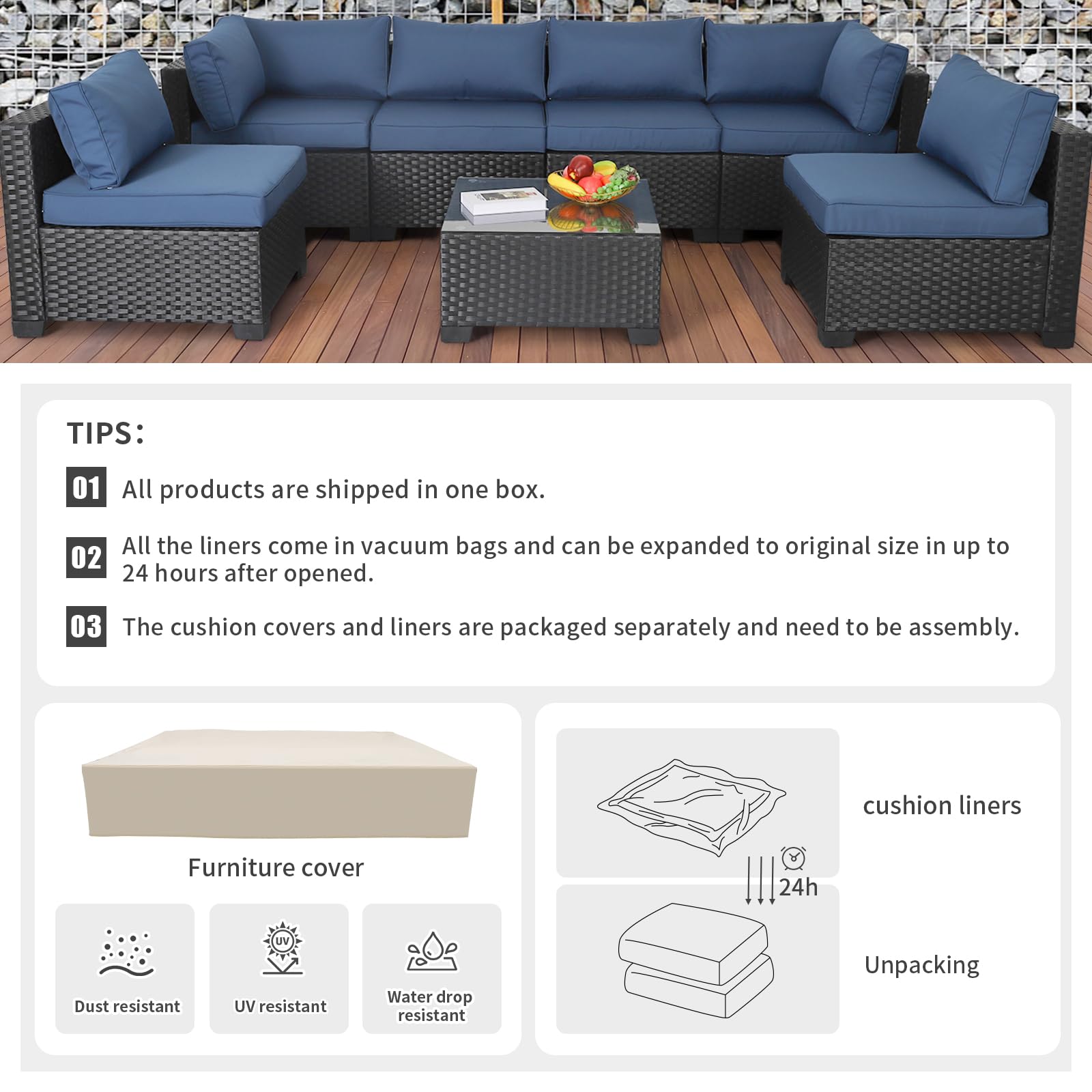 Valita 14-Piece Outdoor Replacement Cushions Set for 6-Seat Sectional Rattan Furniture - Water-Resistant Patio Sofa Cushions with Liner & Cover (Navy Blue) - Perfect for Backyard, Poolside, and Garden Conversation Areas