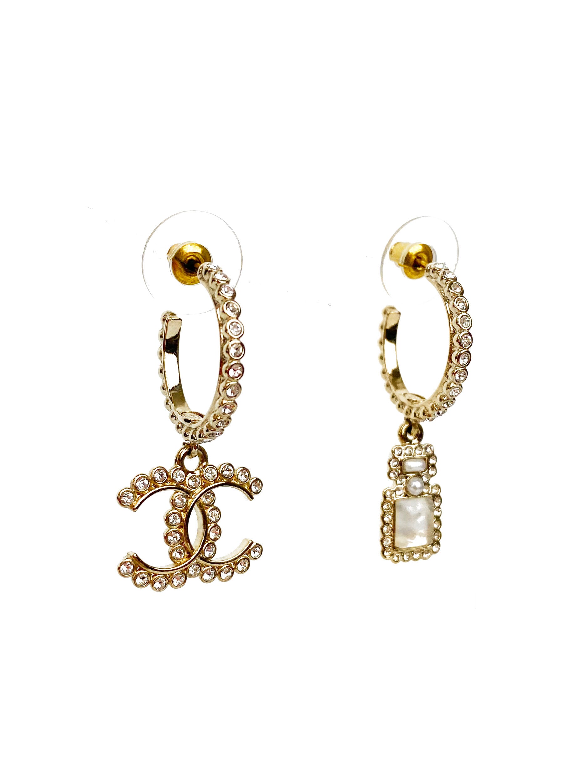 Chanel CC Logo & Perfume Bottle Hoop Earrings - Luxury Fashion Jewelry for Women, Gift for Her, Perfect for Parties & Special Occasions