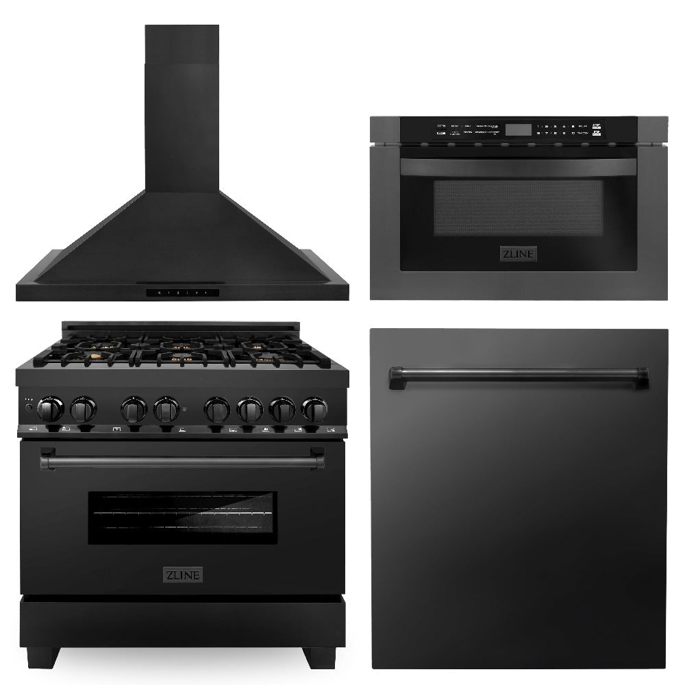 ZLINE 36-Inch Black Stainless Steel Dual Fuel Range Kitchen Package with Range Hood, Microwave Drawer & Dishwasher (4KP RABRH36 MWDW) - Perfect for Modern Kitchens & Home Renovations