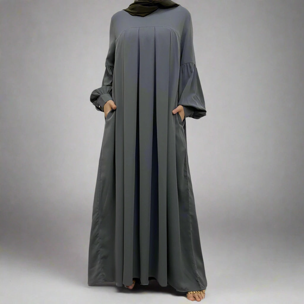 10 Color Options Puff Sleeve Abaya Dress With Pocket - Modest Muslim Dress for Women, Elegant Long Sleeve Maxi Dress for Prayer, Eid, Wedding & Special Occasions