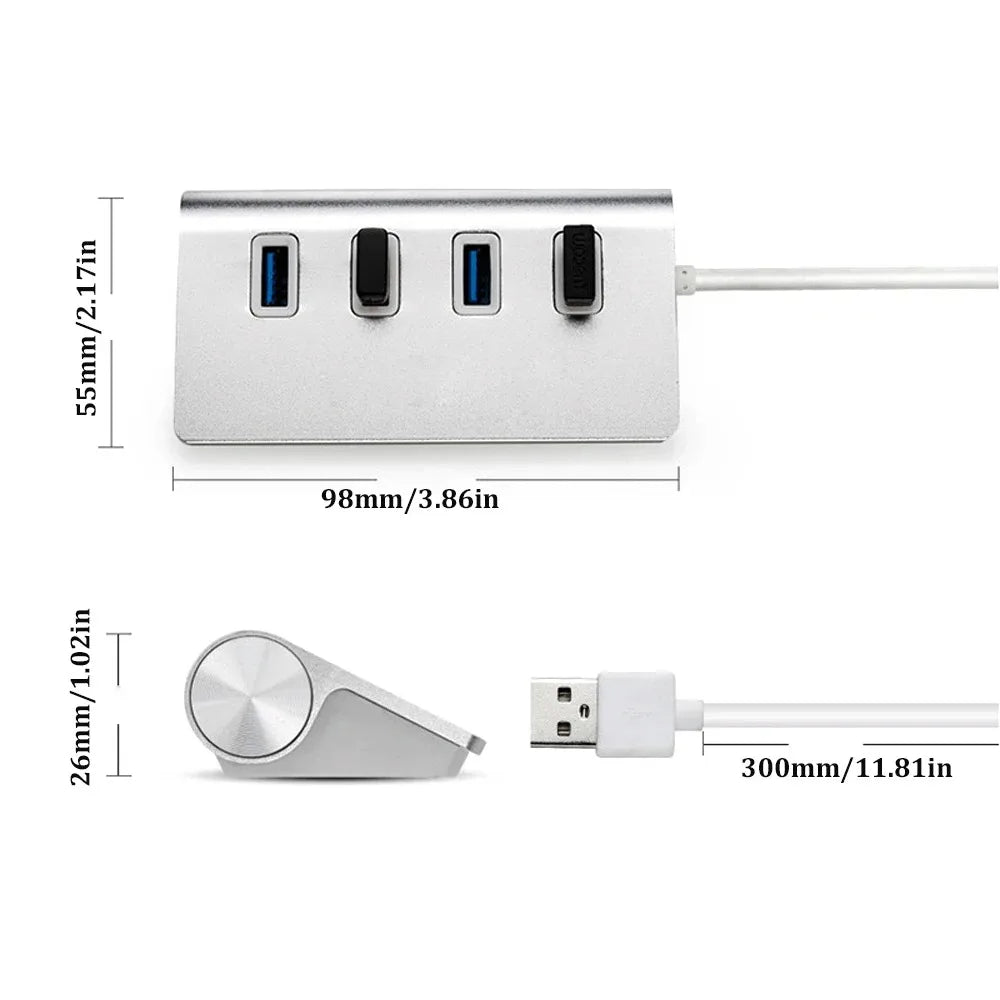 4-Port USB 3.0 Hub Aluminum - High-Speed Data Transfer & Charging Station for Laptop, PC, Mac - Compact & Durable Silver Design for Home Office & Travel Use