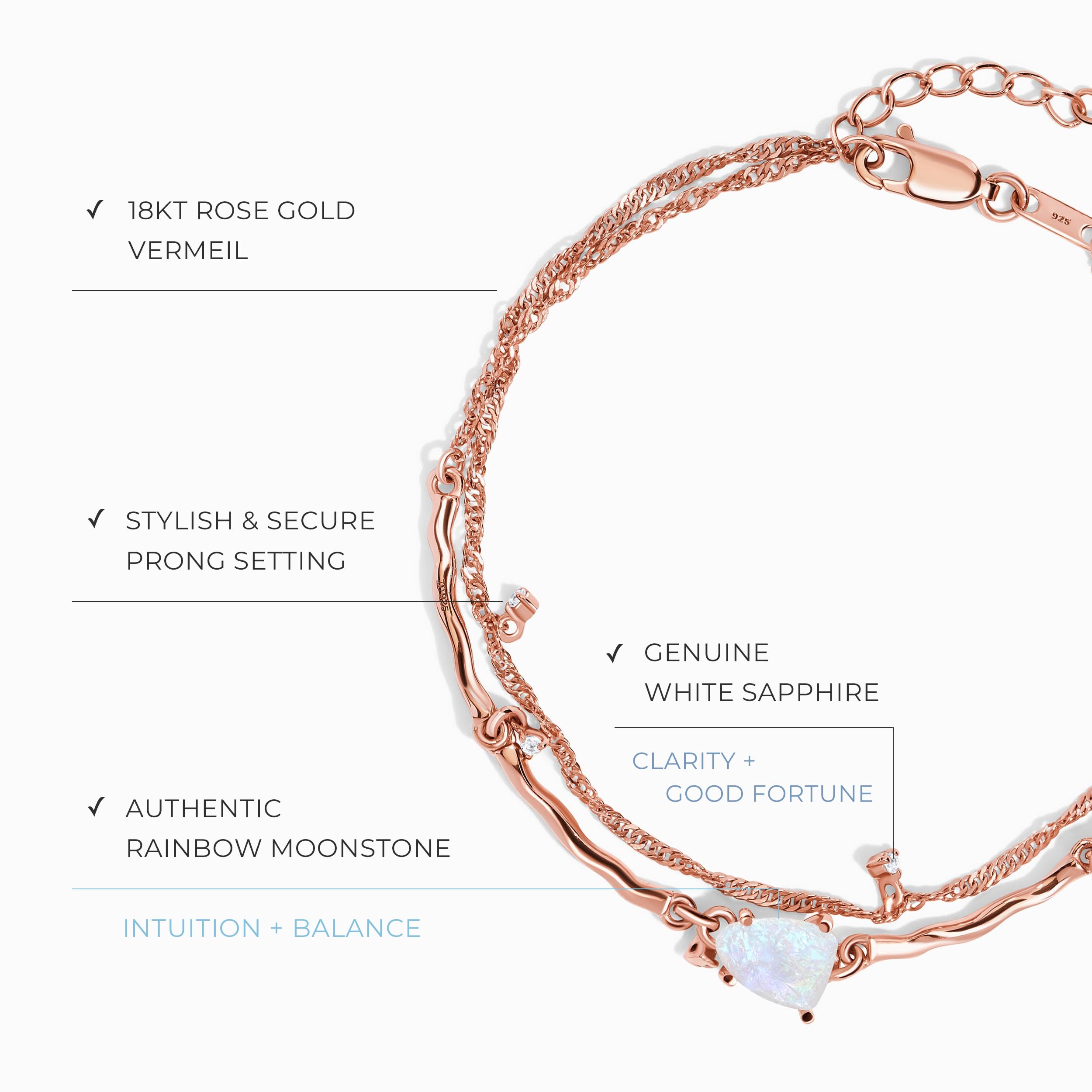 Authentic Moonstone Bracelets for Women - Real 925 Sterling Silver & 18k Rose/Yellow Gold - Genuine Rainbow Moonstone Jewelry | Perfect for Yoga, Meditation, Spiritual Healing & Everyday Elegance