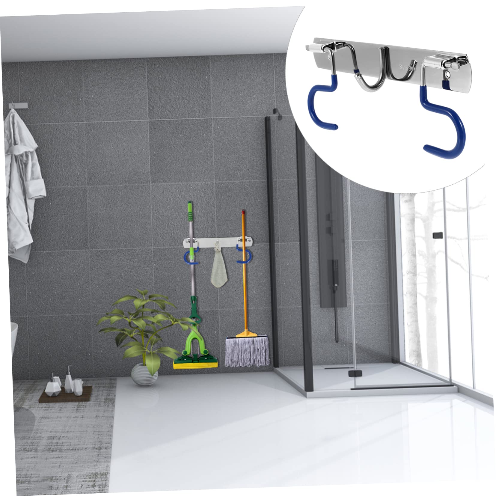 Stainless Steel Wall Mounted Broom Holder - Cabilock Mop and Broom Hanger with Umbrella Hook, Heavy Duty Wall Organizer for Kitchen, Bathroom, Garage Storage