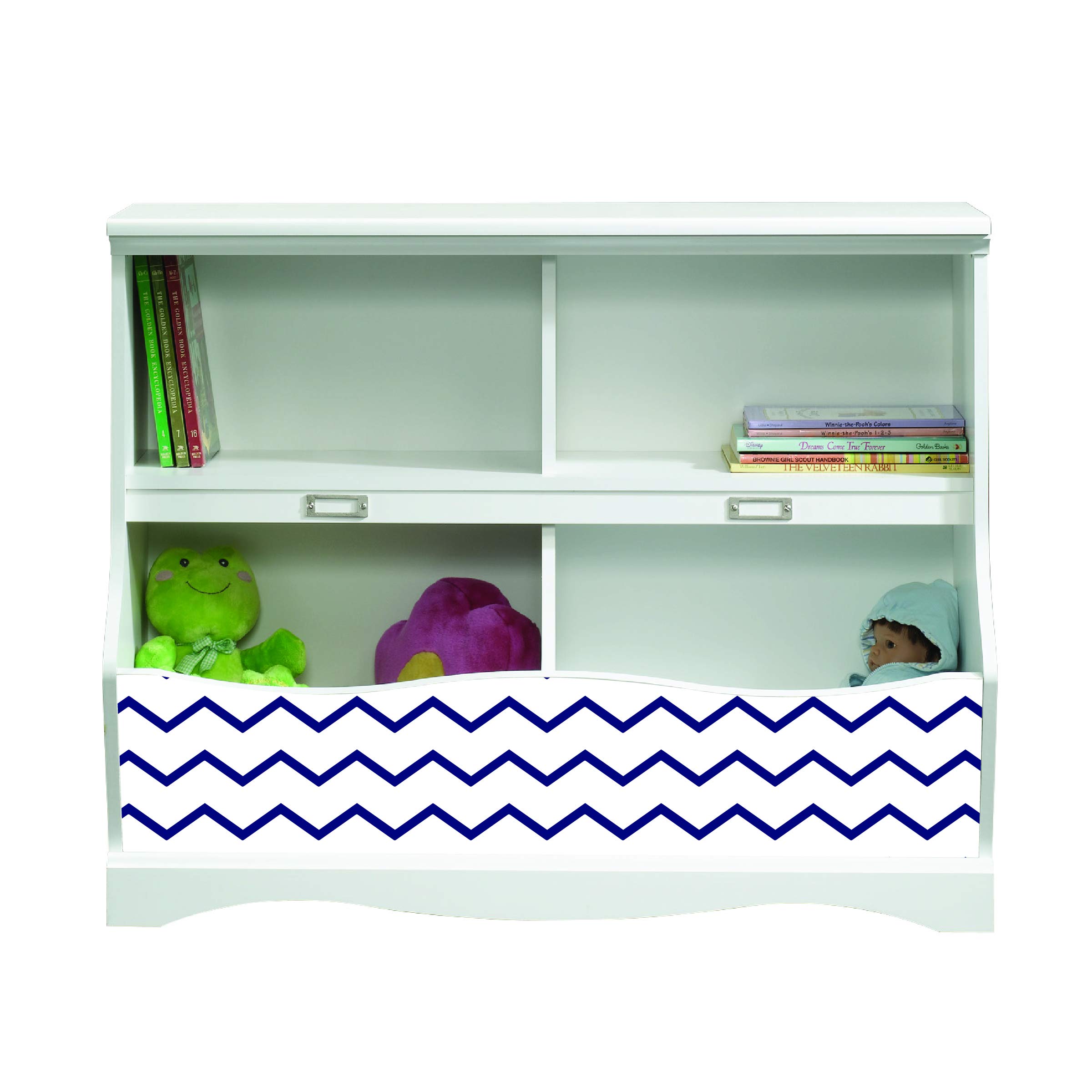 LifeSong Milestones Bookcase Footboard with Cubbyhole - Kids Book Storage Organizer & Toy Shelf for Nursery, Playroom, Bedroom - Soft White Chevron Design (Navy) - Perfect for Organizing Toys, Books & Decor in Children's Rooms