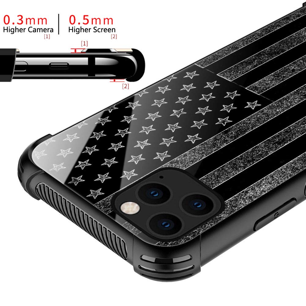 iPhone 11 Pro Case - Black & White American Flag Design with Tempered Glass Back & Soft Silicone TPU Shock Protection | Durable Protective Cover for iPhone 11 Pro | Perfect for Everyday Use, Travel & Outdoor Activities