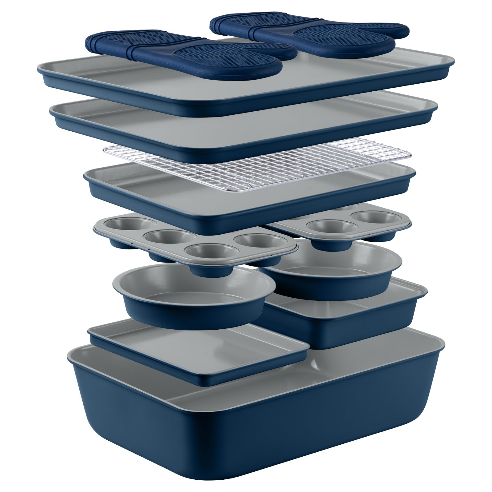 Nonstick Stackable Bakeware Set - 13-Piece Durable & Easy Release Country Kitchen Baking Pans in Denim Blue - Perfect for Cakes, Cookies, and Family Dinners