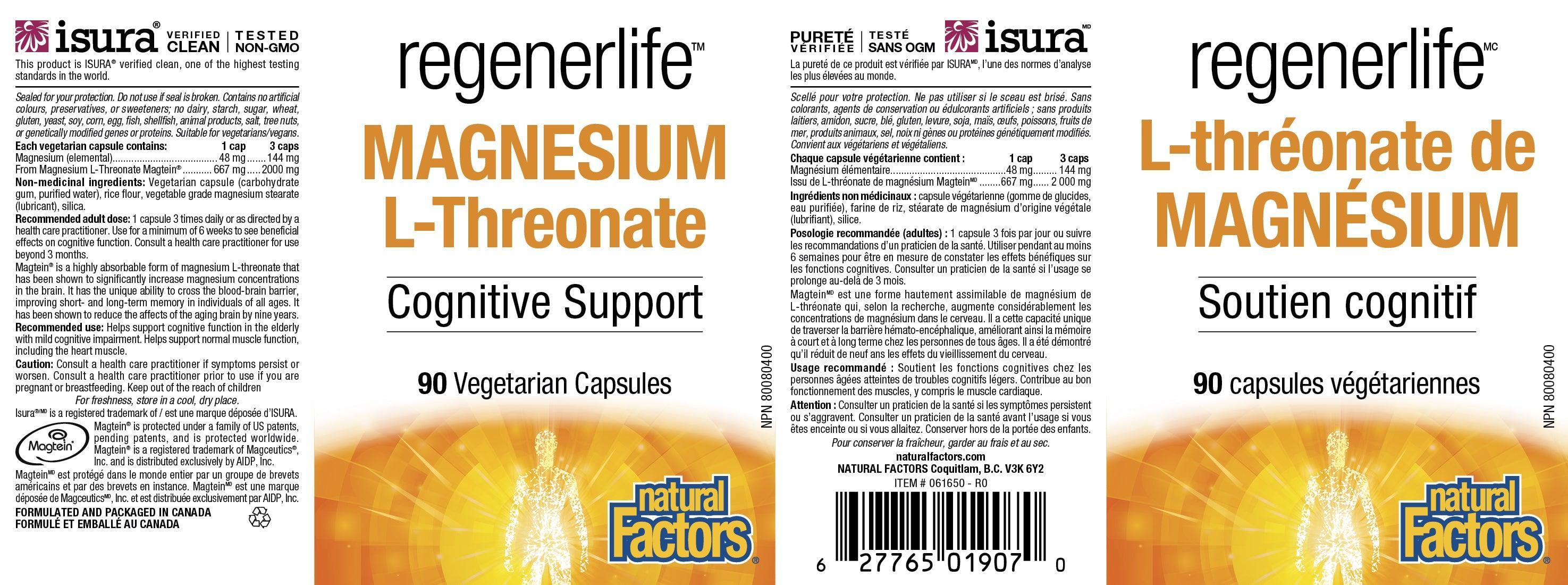 Natural Factors Regenerlife Magnesium L-Threonate 667mg - 90 Vegetarian Capsules for Brain Health, Memory & Sleep Support - Perfect for Stress Relief & Cognitive Function Enhancement