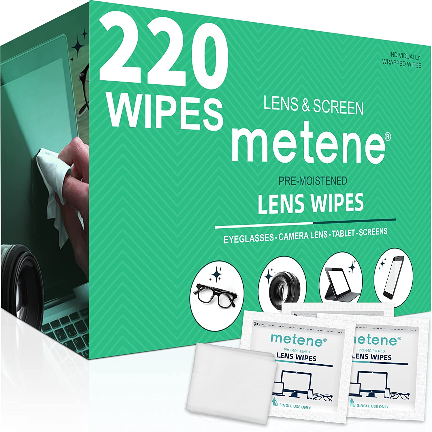 Metene Lens Wipes - 220 Count Pre-Moistened Eyeglass Cleaning Wipes for Glasses, Sunglasses & Screens | Perfect for Home, Office & Travel Use