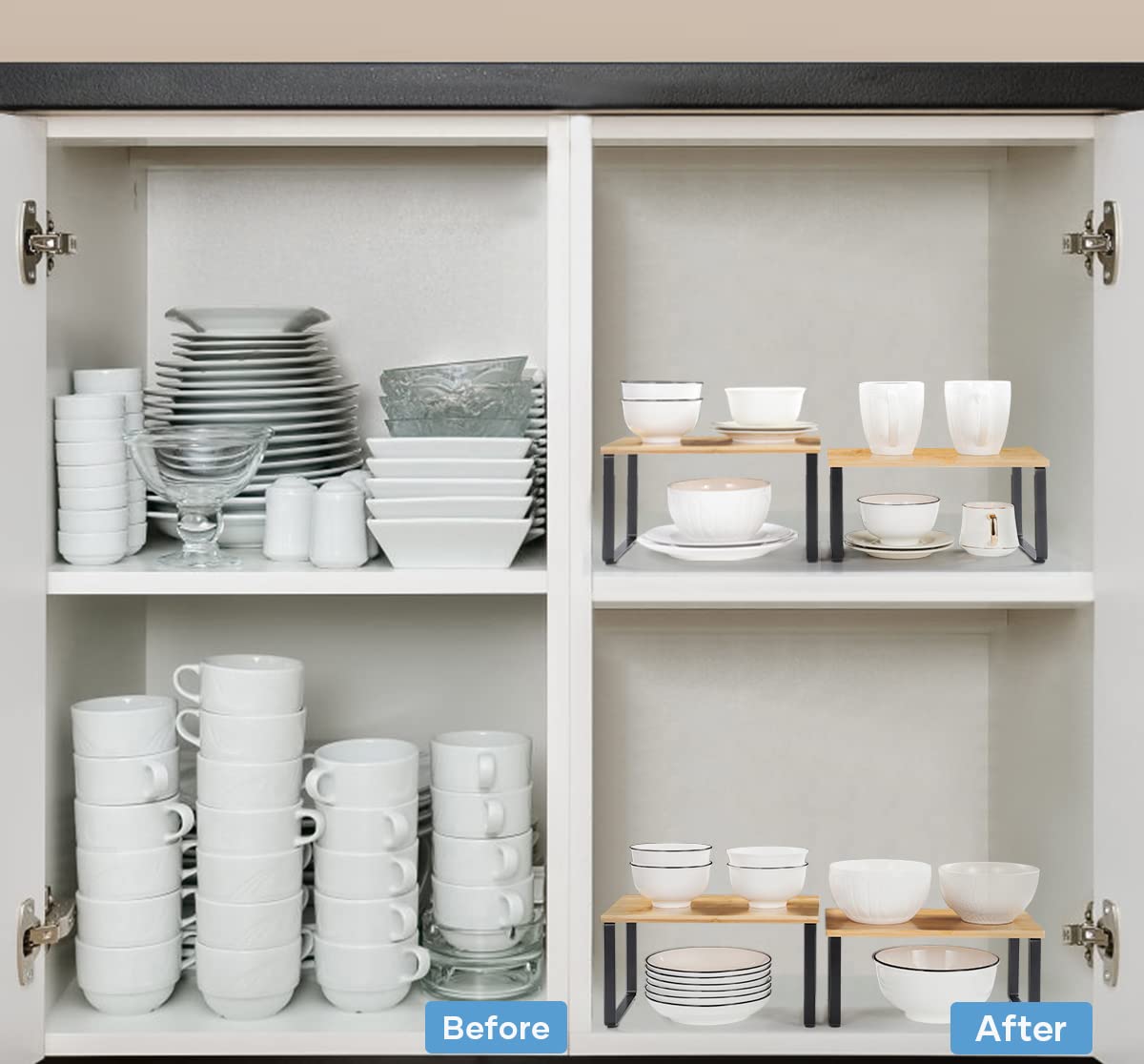 NEX Kitchen Cabinet Organizer & Counter Shelf - Stackable Expandable Storage Rack for Spices, Utensils & Pantry Items - Black & Natural - Perfect for Small Kitchens & Countertop Organization