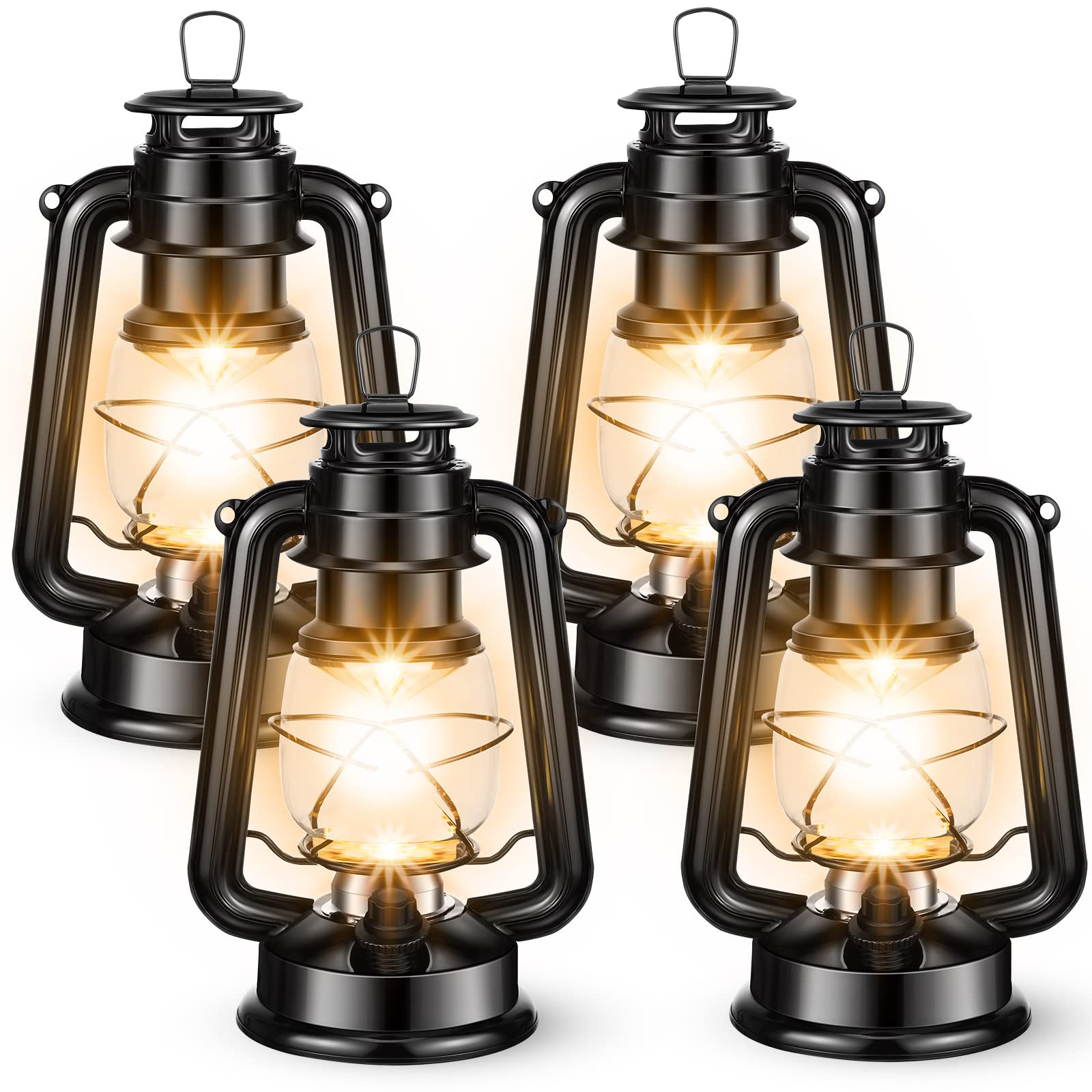 4 Pack Vintage LED Lanterns - Battery Operated Warm White Antique Metal Hurricane Lamps with Dimmer Switch, Hanging & Tabletop Indoor/Outdoor Lighting for Camping, Patio, Garden, and Home Decor (Black)