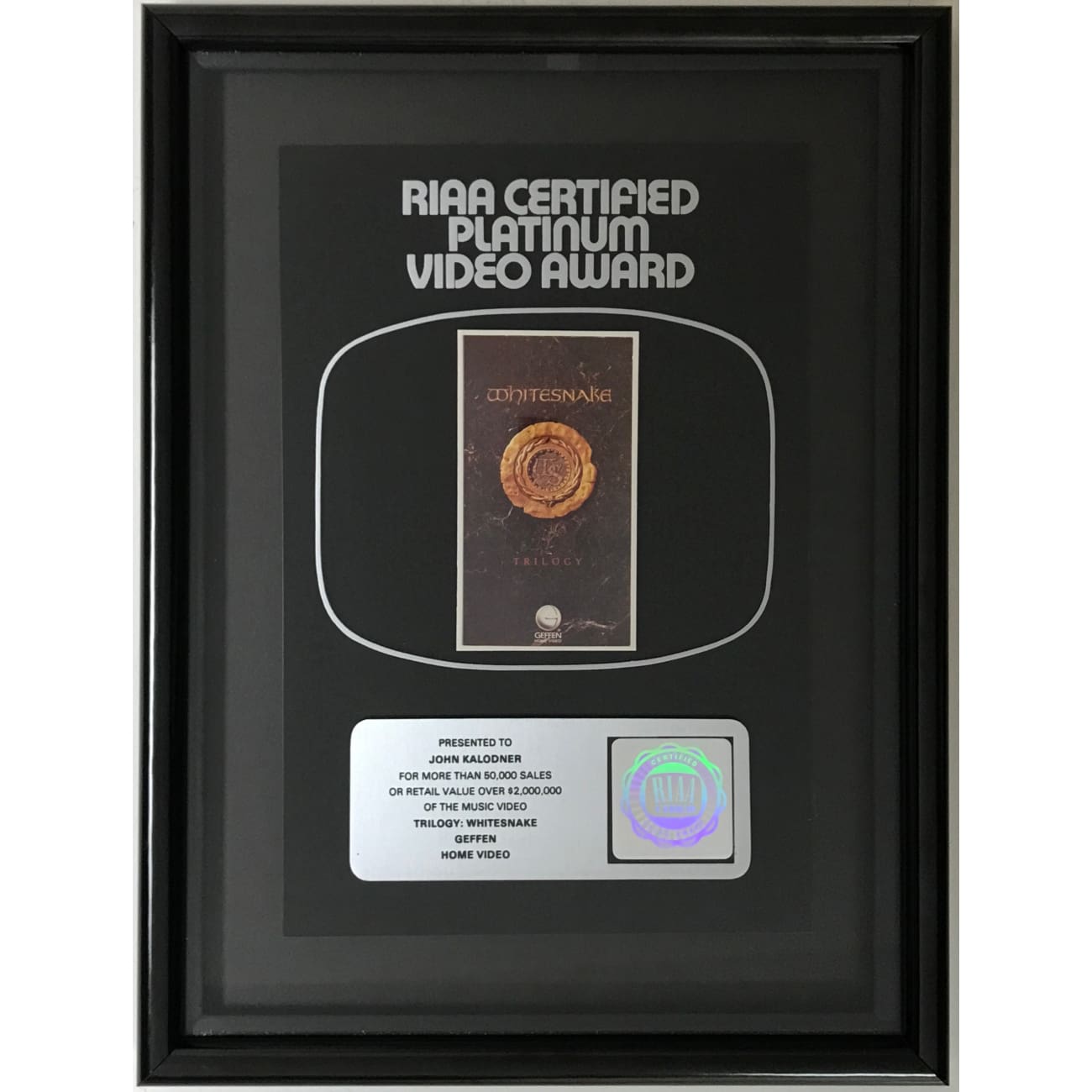 Whitesnake Trilogy 1988 RIAA Gold Video Award - Vintage Music Collectible for Fans & Memorabilia Enthusiasts - Perfect for Display in Home, Office or Music Room