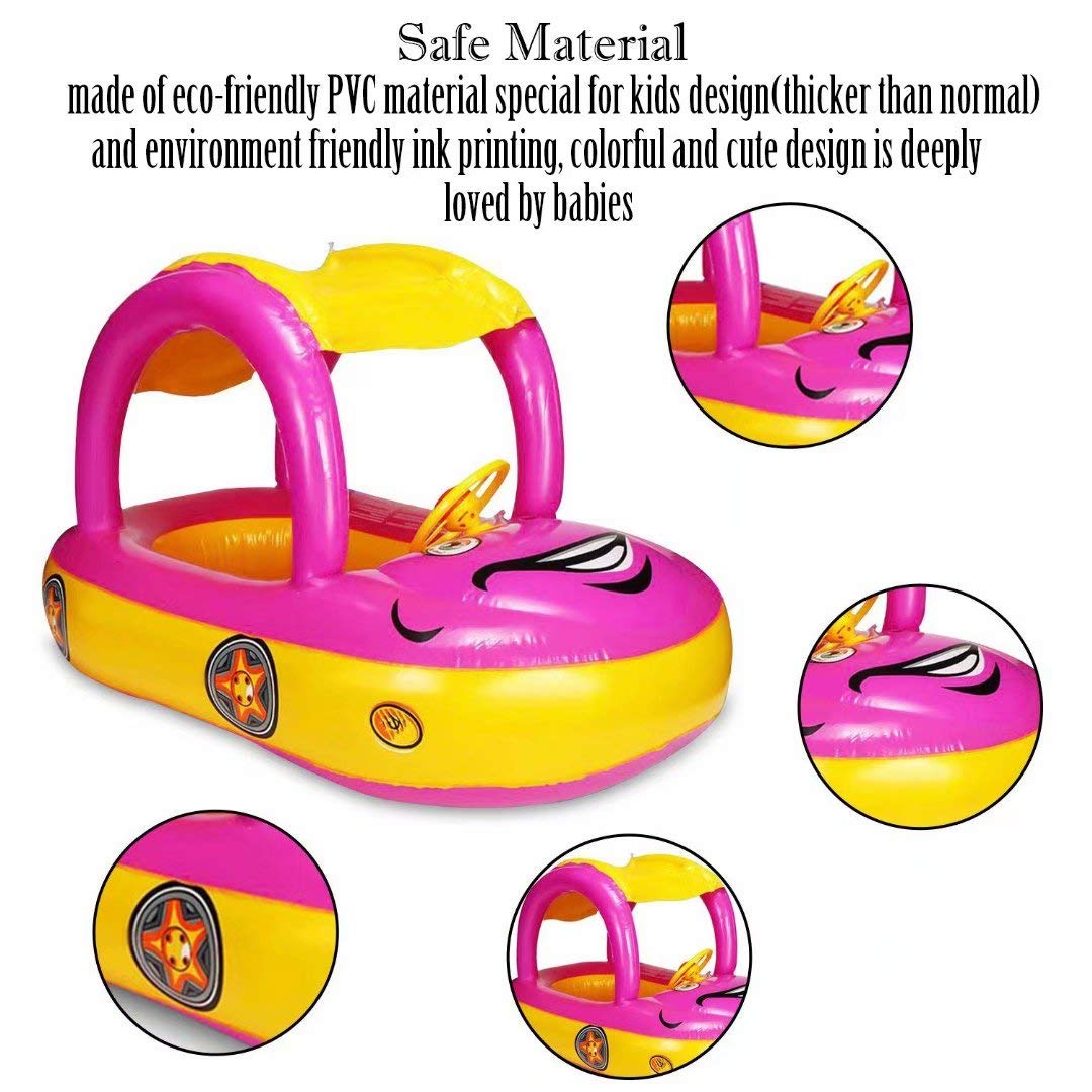 Inflatable Baby Pool Float with Canopy & Steering Wheel - Sunshade Swim Ring Car Toy for Toddlers 1-3 Years | Summer Water Play, Beach Vacation, Backyard Swimming Fun