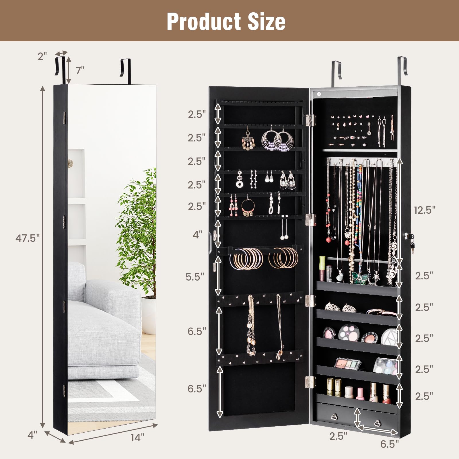 Black Jewelry Armoire with LED Lights & Drawers - Bedroom Storage Organizer for Necklaces & Rings