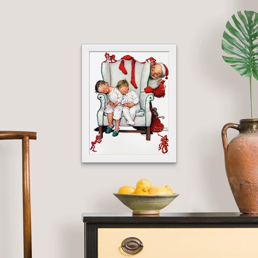 Santa Filling Stockings White Framed Christmas Art Print - Holiday Home Decor for Living Room, Bedroom & Office Wall Art