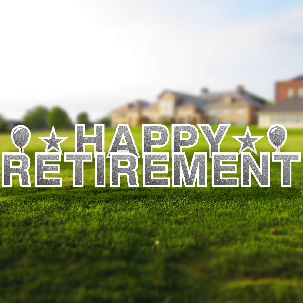 Happy Retirement Yard Sign – 18in Tall Corrugated Plastic Retirement Decor with Stakes & Emojis, Faux Glitter Silver – Perfect for Retirement Parties, Outdoor Decorations & Retirement Gifts