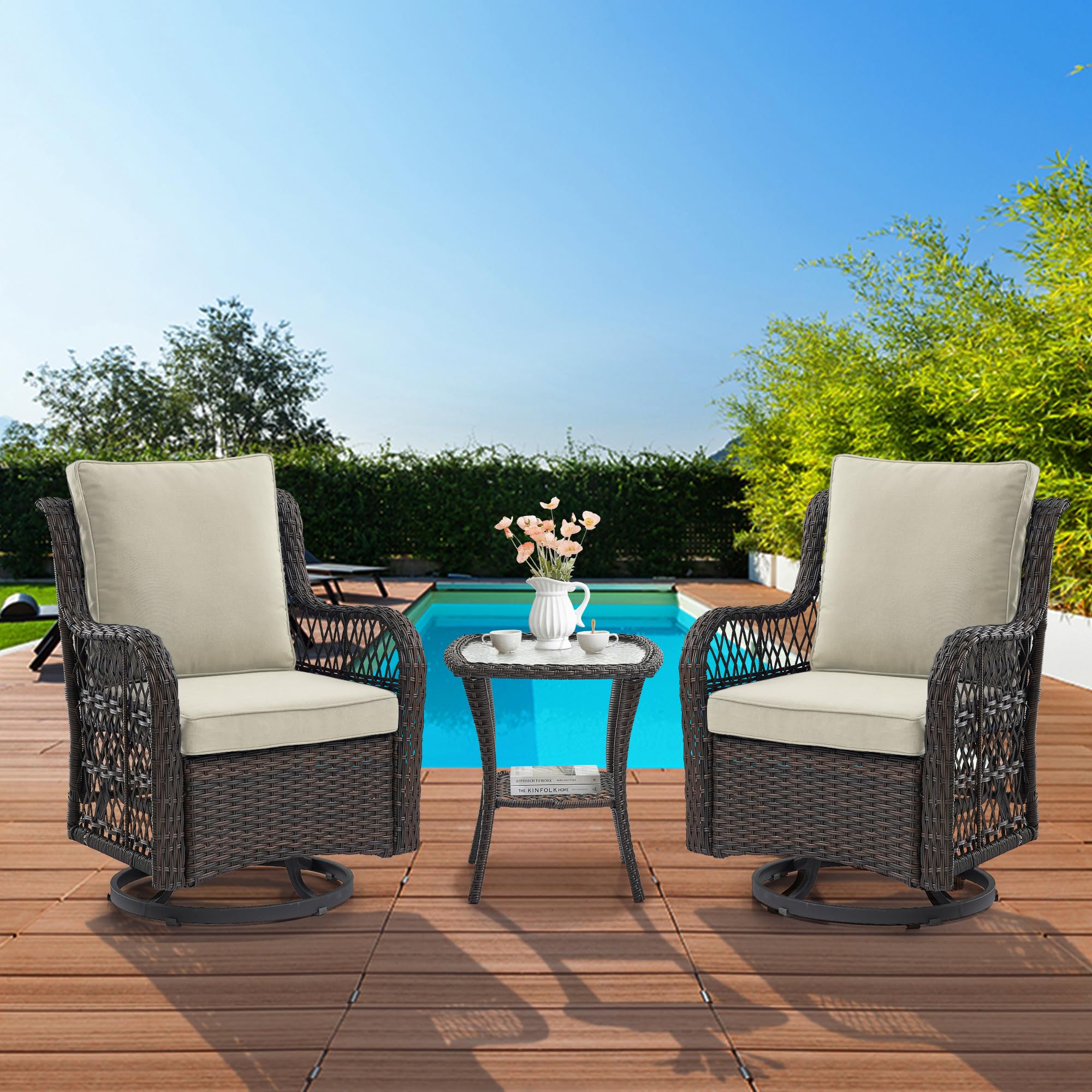 GAOMON 3-Piece Outdoor Swivel Rocking Chair Set with Side Table - 360° Rotating Patio Rocker Chairs for Porch, Poolside & Garden - Dark Brown Wicker with Apricot Cushions (Perfect for Relaxing, Sunbathing & Entertaining Guests)