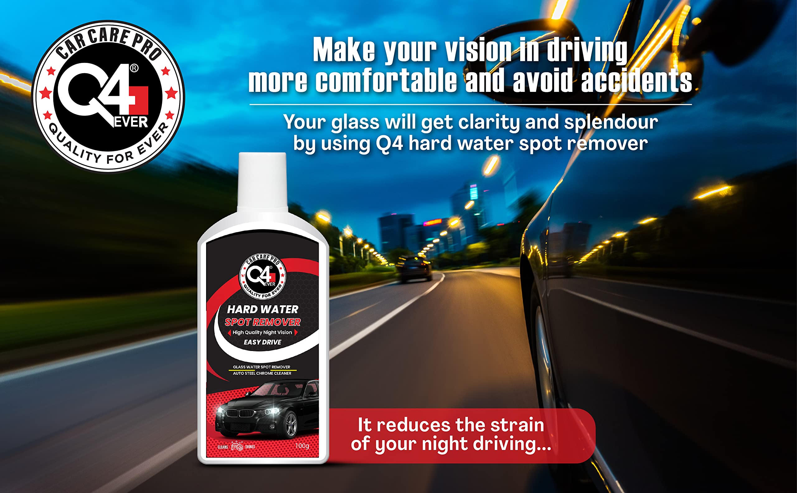 Q4 EVER Auto Care Glass Polish & Hard Water Spot Remover - 100g Cream for Car Windshield, Windows & Mirrors - Restores Clarity, Removes Stains & Mineral Deposits - Perfect for Auto Detailing & Home Glass Cleaning