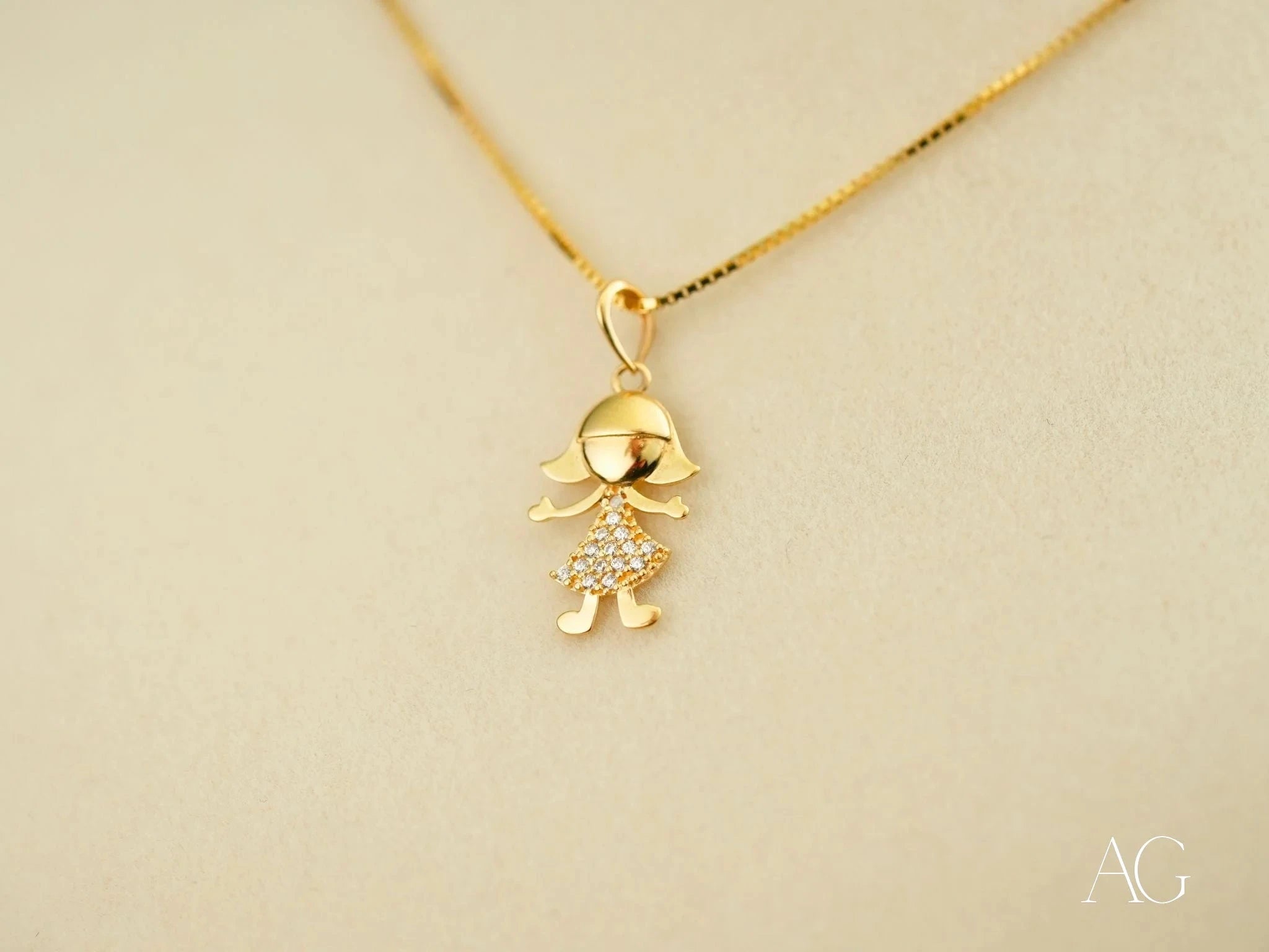 Golden Charm Doll Pendant Necklace - Handmade Boy or Girl Design for Baby Shower Gifts, Christening Jewelry & Newborn Keepsakes