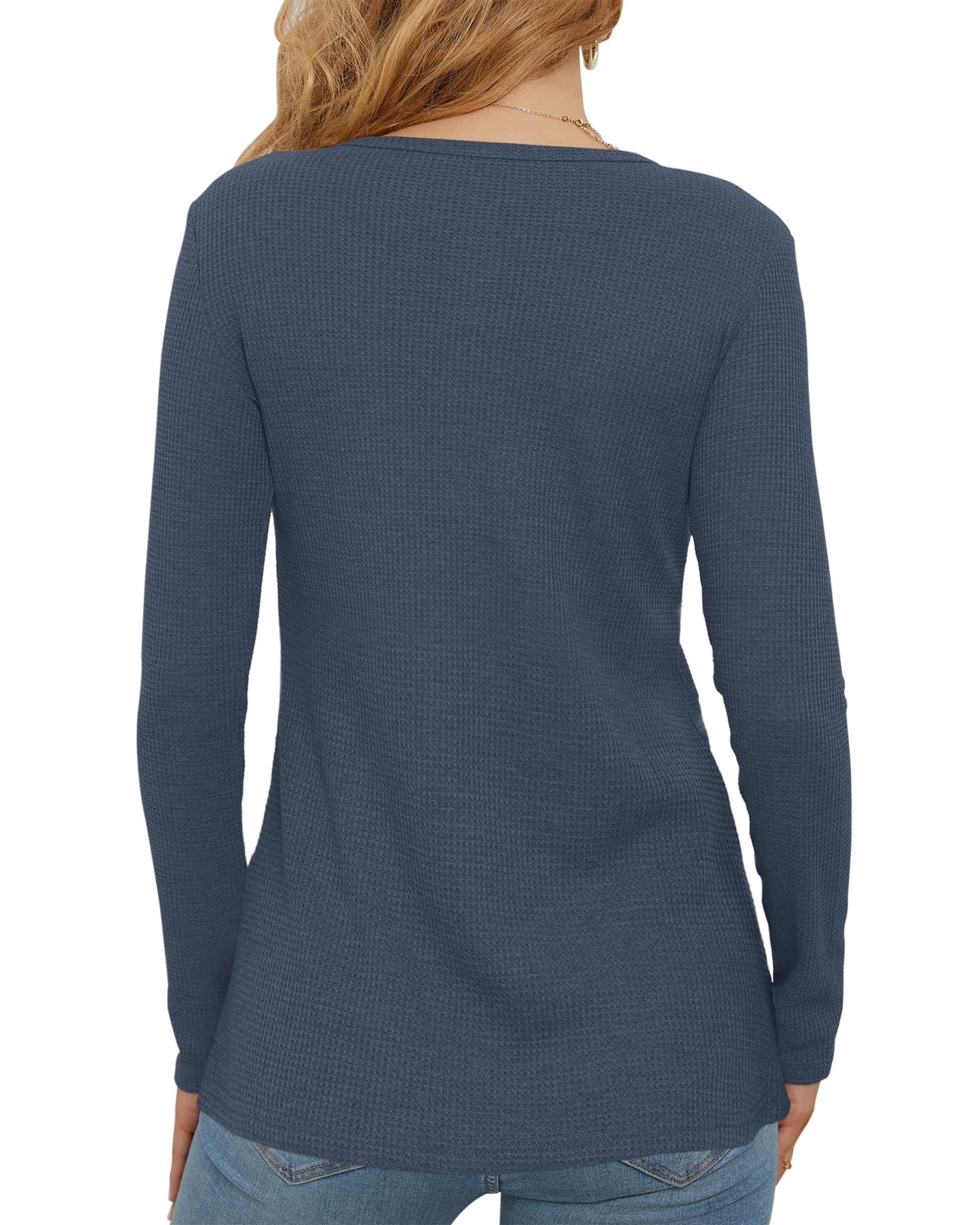 WNEEDU Women's Waffle Knit Long Sleeve Henley Shirt - Slim Fit Button Down V-Neck Casual Blouse for Work, Date Night & Fall Layering