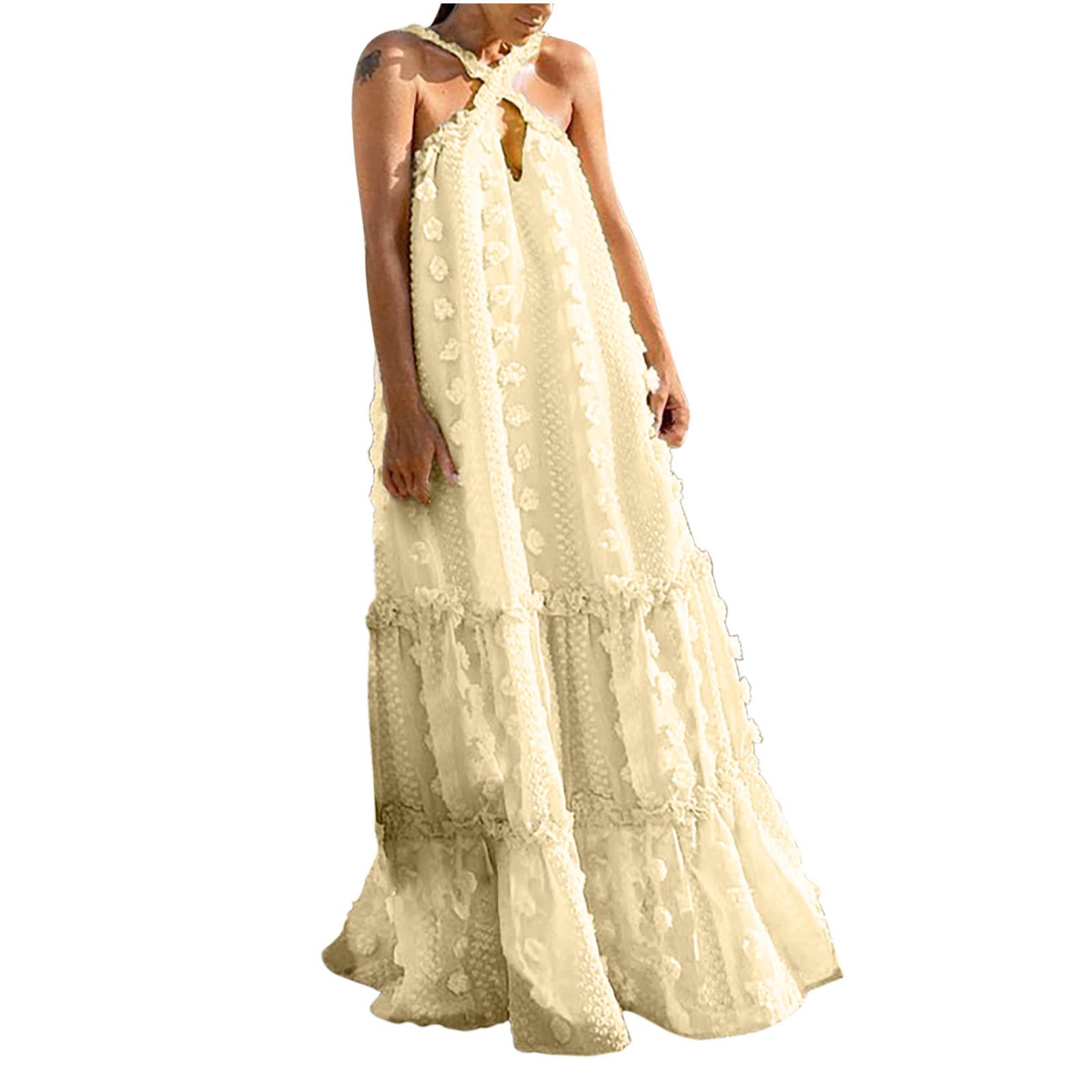 Bohemian Floral Maxi Dress for Women - Elegant Long Tiered Ruffle Dress with Pompom Crossover Halter Neckline | Perfect for Beach Vacations, Summer Parties & Boho Fashion