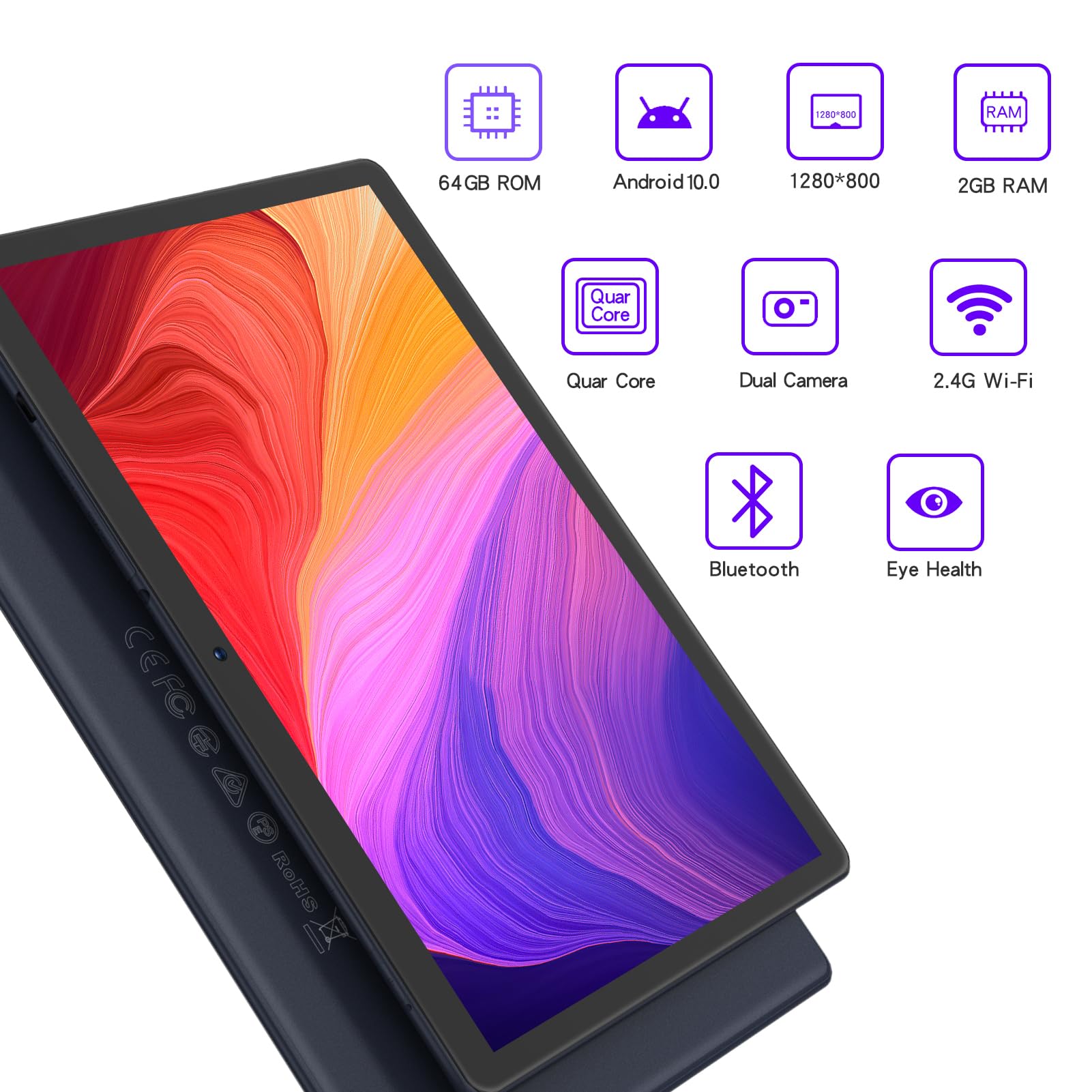 PRITOM 10.1 Inch Android WiFi Tablet - 64GB Storage (Expandable to 512GB), Quad Core Processor, HD IPS Touchscreen, 5000mAh Long Battery Life, Dual Camera, Bluetooth 5.0 - Perfect for Online Learning, Streaming & Work from Home