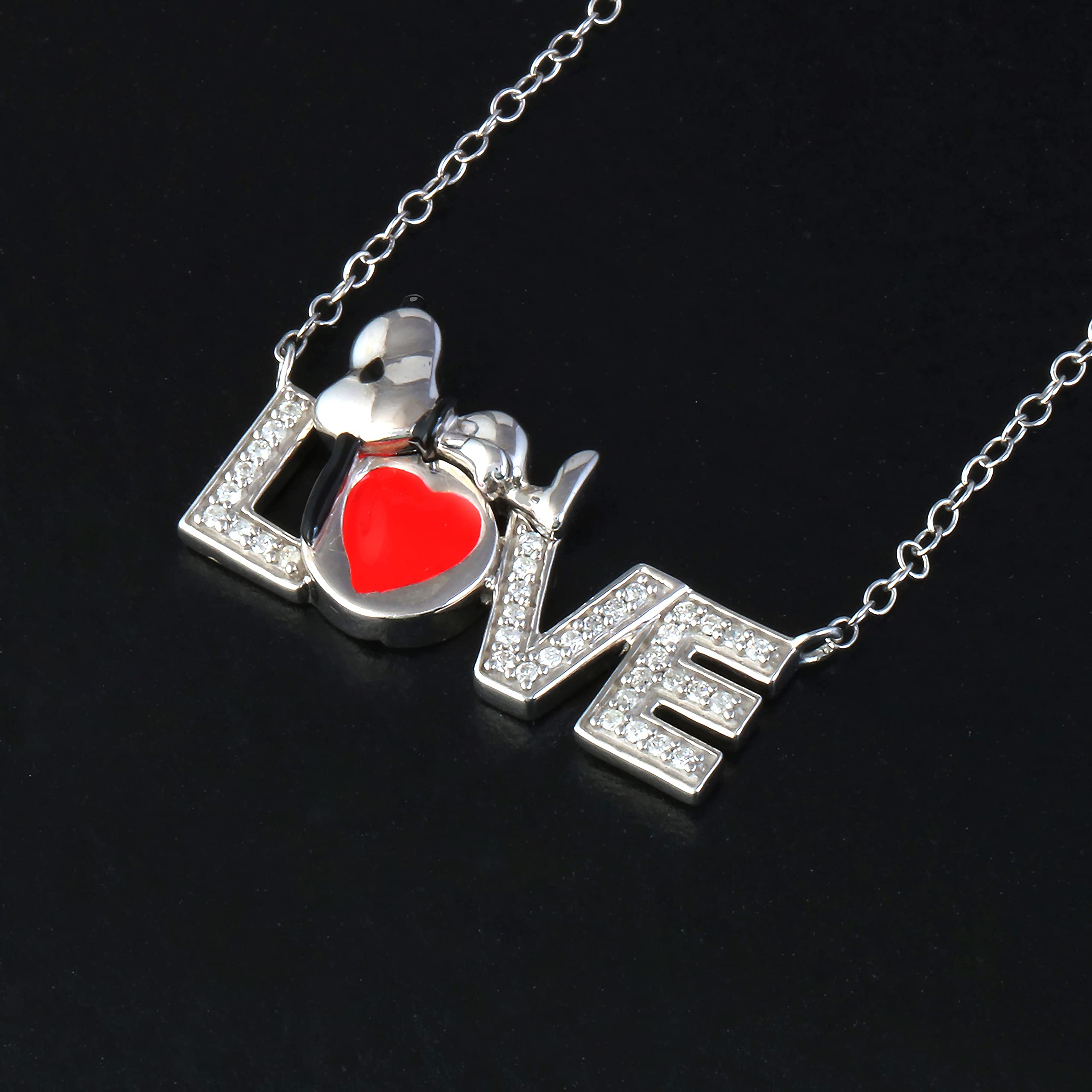 1/6 Carat Diamond Snoopy Sleeping Love Pendant Necklace in Sterling Silver with Red Enamel Heart - Romantic Gift for Women, Perfect for Valentine's Day, Anniversary & Birthday Jewelry Present