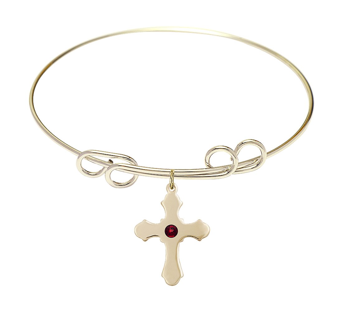 8 Inch Round Double Loop Bangle Bracelet with Cross Charm & January Red Crystal - Elegant Jewelry for Women, Perfect for Church, Weddings, and Everyday Wear