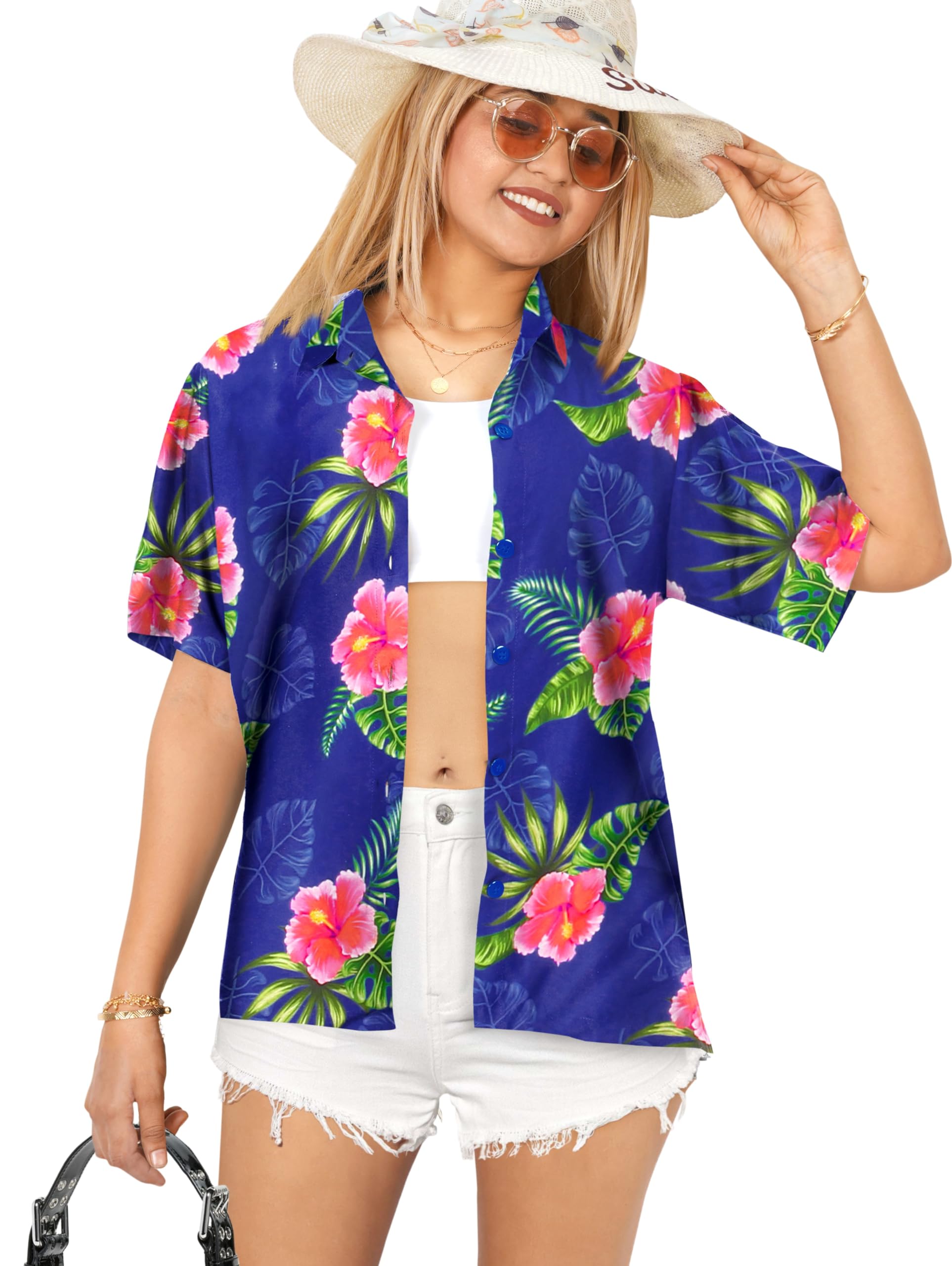 Happy Bay Women's Hawaiian Beach Short Sleeve Blouse - Floral Print Vacation Shirt for Summer, Beach Party, and Tropical Getaways