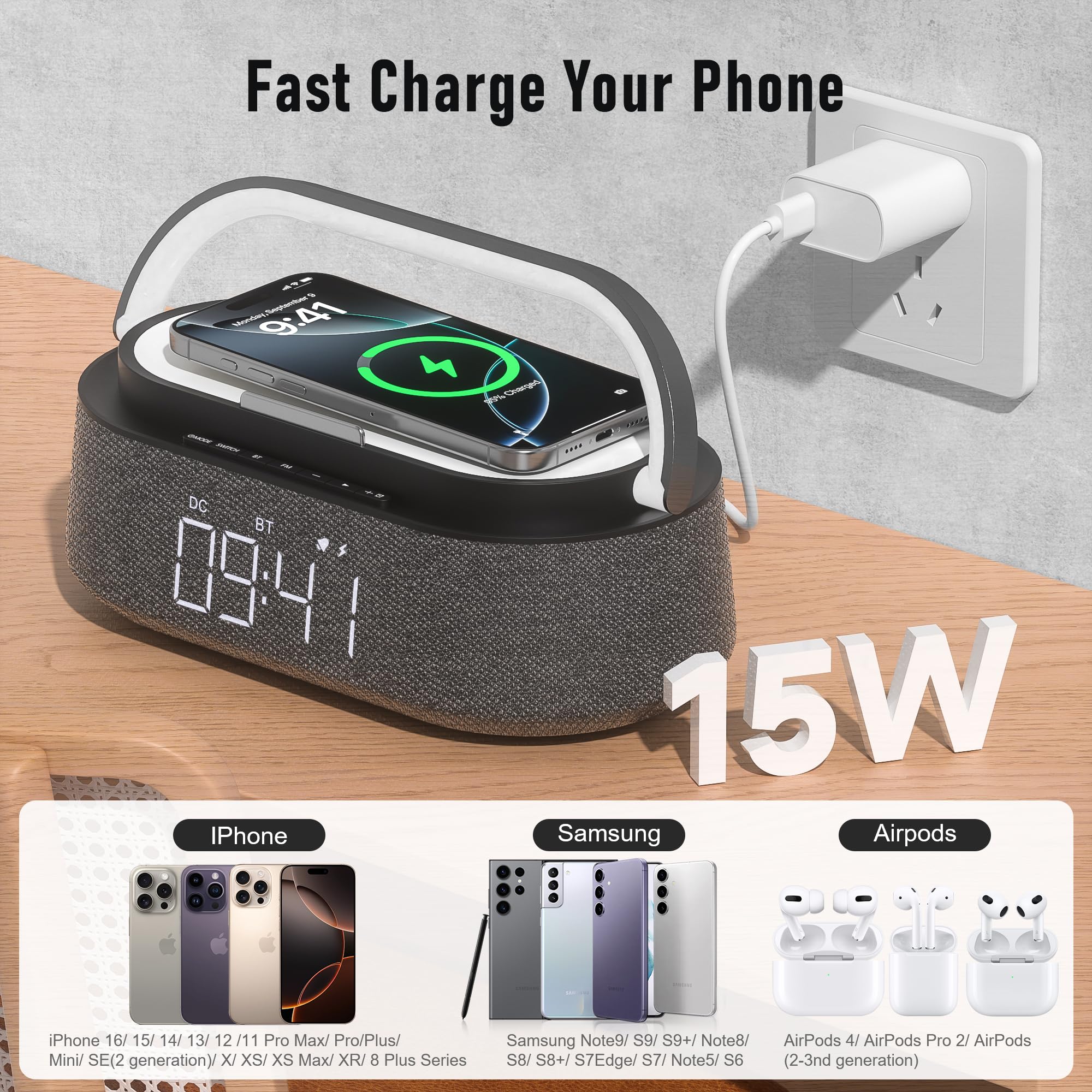 6-in-1 Bluetooth Speaker with Wireless Charger | Portable Bedroom Speaker with FM Radio, Adjustable LED Night Light, Dual Wireless Charging & Phone Stand | Perfect for Bedside, Home Office, Travel & Gifts