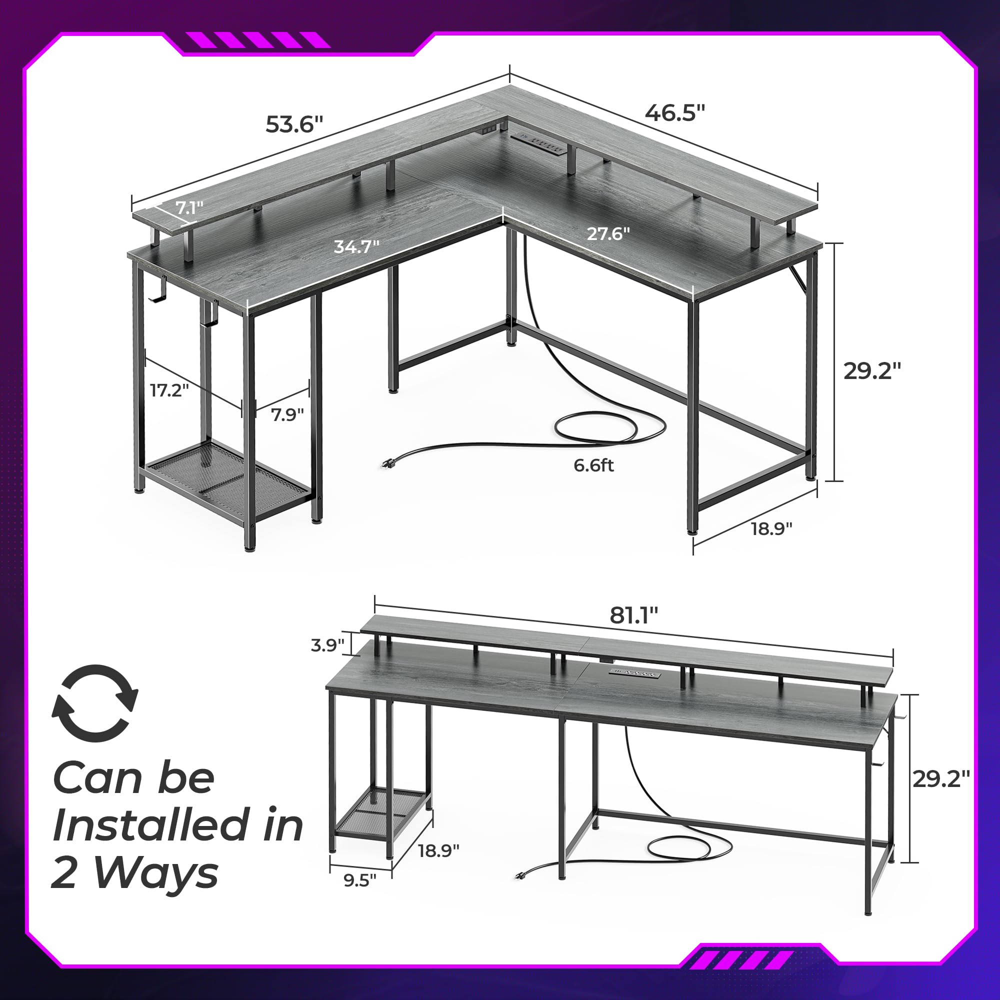 SUPERJARE L-Shaped Gaming Desk with LED Lights & Power Outlets, Computer Desk with Monitor Stand & Headphone Hooks, Home Office Corner Desk (Grey) - Perfect for PC Gaming Setup, Streaming & Remote Workstations