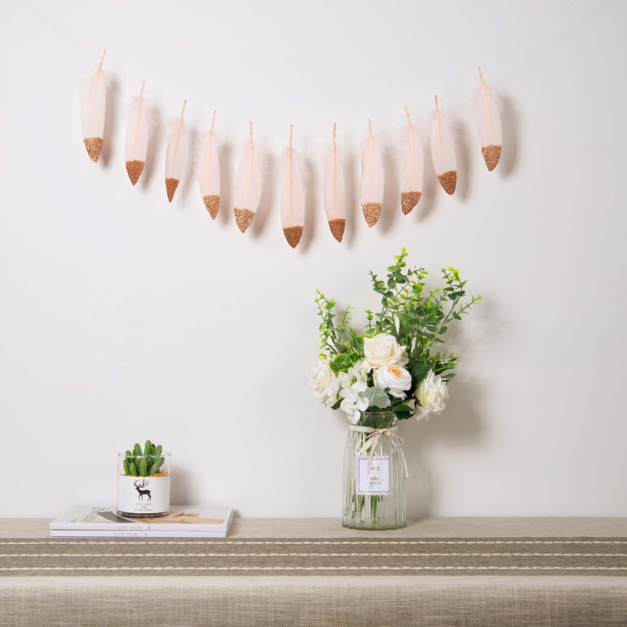 LOVENJOY 15pcs Gold Glitter Feather Garland Decor - DIY Room Teepee, Wedding, Nursery, Baby Shower Decoration | Perfect for Boho Home Decor, Birthday Parties & Photo Backdrops