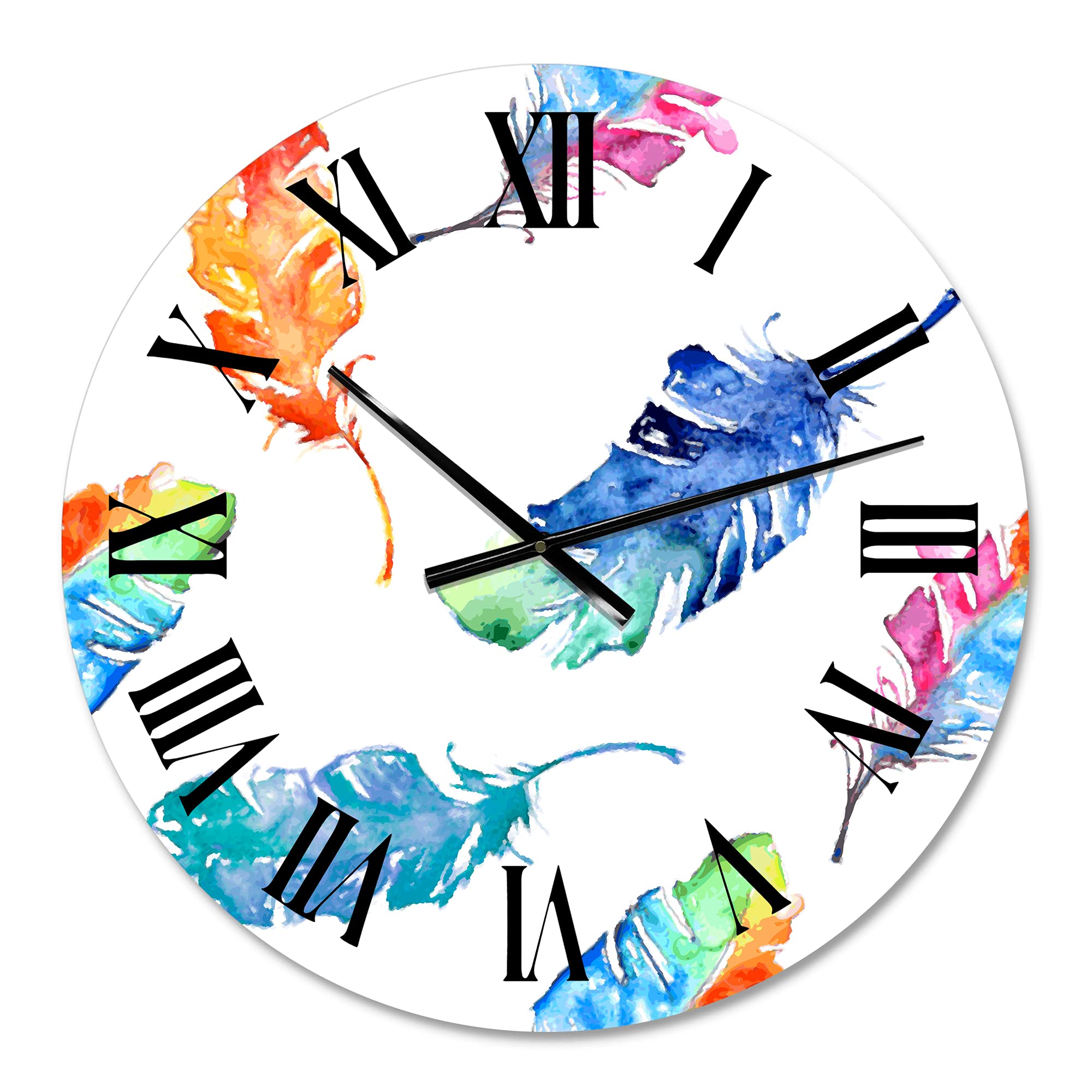 Bohemian & Eclectic Wall Clock - 'Ethnic Blue Feathers' Animal Design Large Decorative Clock for Living Room, Bedroom & Office | Unique Home Decor Gift Idea