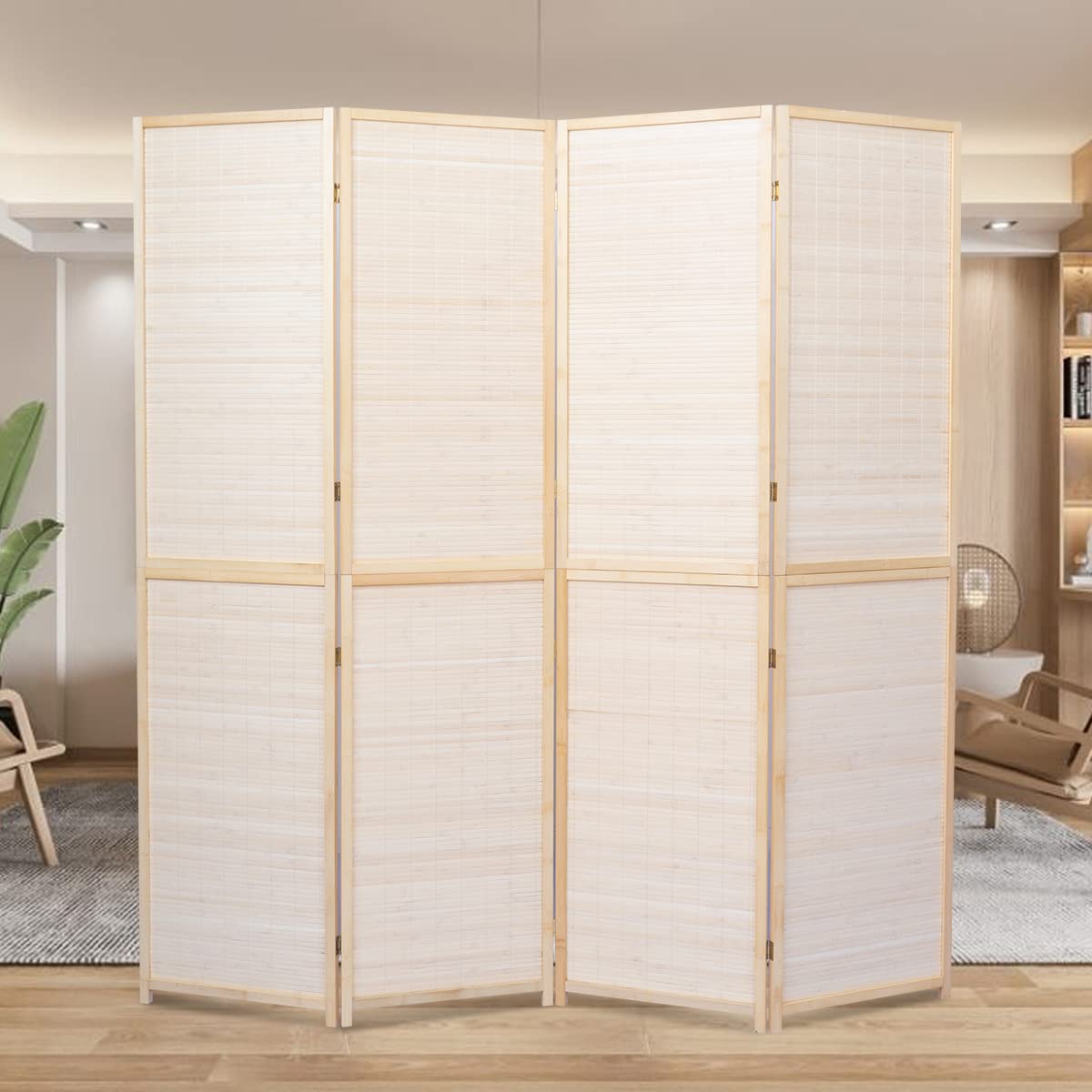 4 Panel Bamboo Room Divider - 6 FT Tall Folding Privacy Screen with Woven Mesh Design | Portable Freestanding Partition for Home, Office & Event Separation | Natural Beige Home Decor for Living Room, Bedroom & Studio Spaces