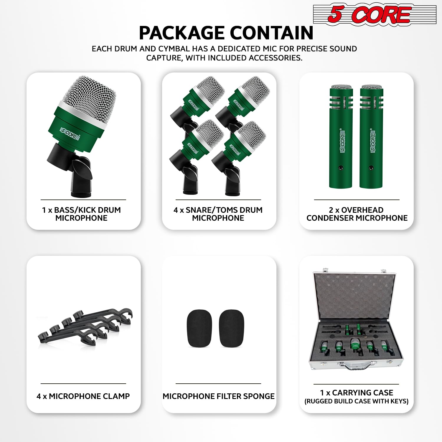 5 CORE Professional 7-Piece Drum Microphone Kit - Metal XLR Dynamic Vocal Mic for Kick, Bass, Tom, Snare & Cymbals - Perfect for Live Performances, Studio Recording & Conga Instrument Setup (DM 7ACC, Green)