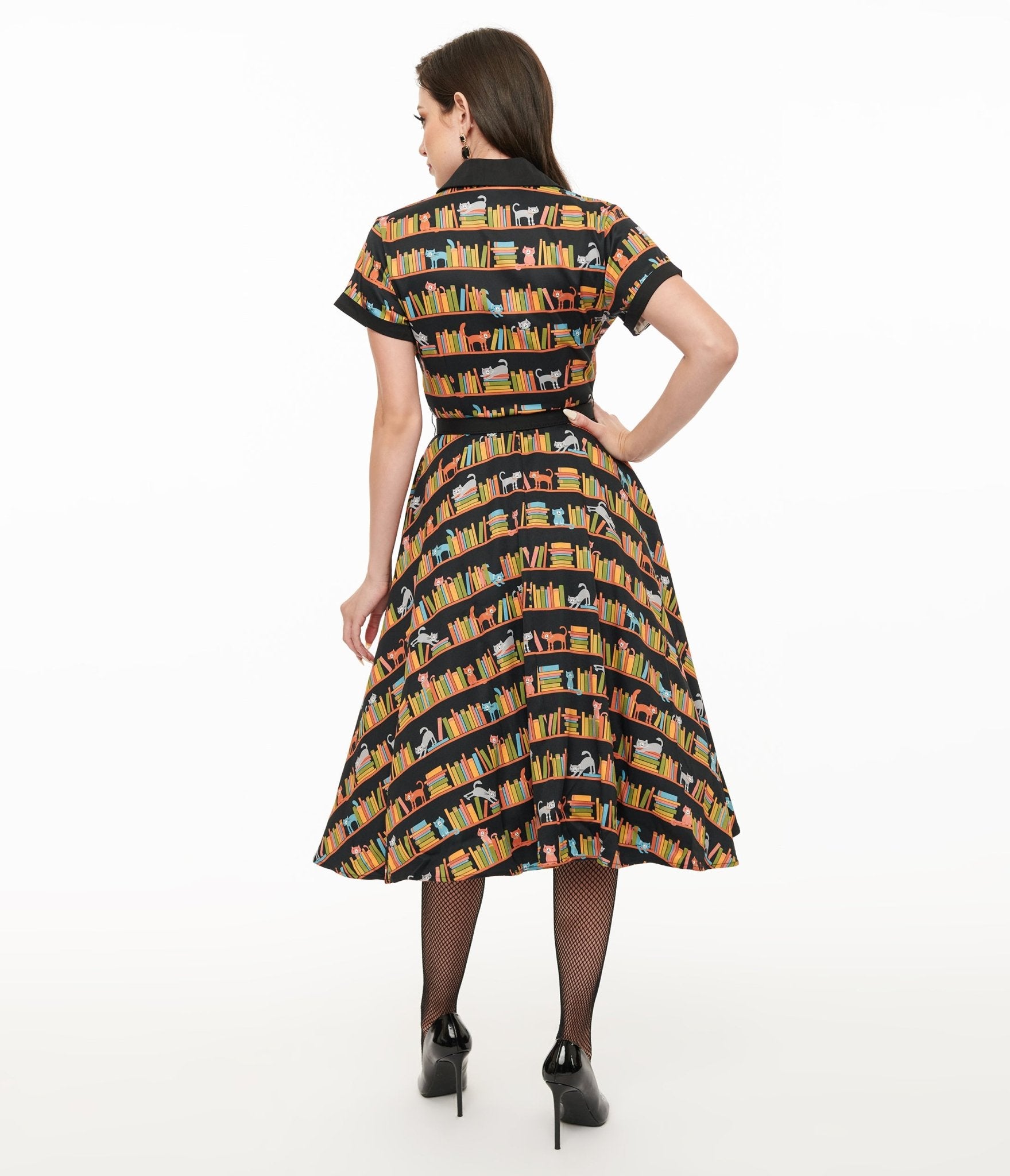 Vintage 1950s Cat & Bookshelf Print Alexis Swing Dress - Retro Tea Length Dress for Women - Perfect for Cocktail Parties, Date Nights & Vintage Theme Events