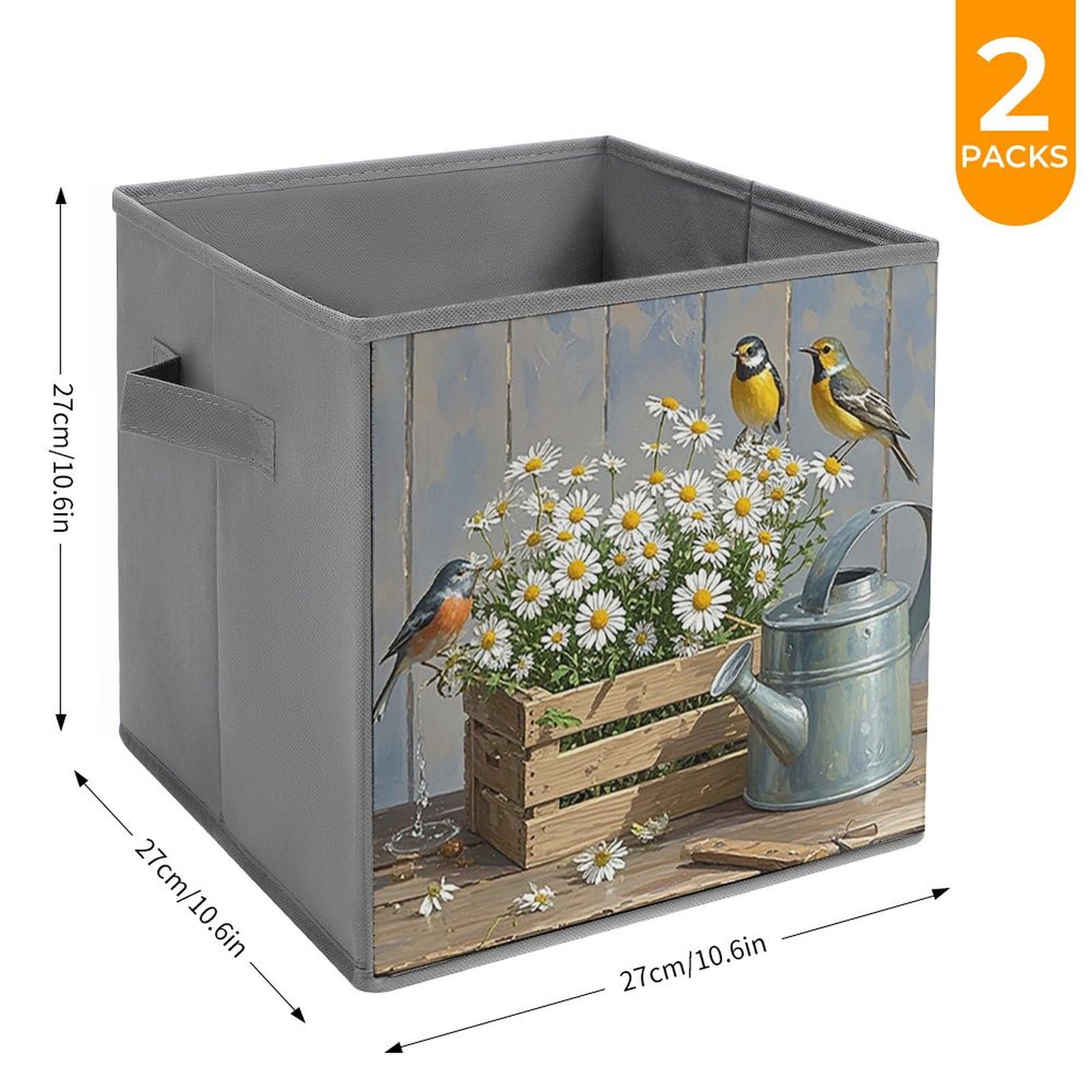 2PCS Foldable Storage Bins with Daisy & Bird Print - Large Capacity Storage Boxes with Handles for Home, Office, Playroom Organization | Perfect for Toys, Books, Clothes & Household Items Storage